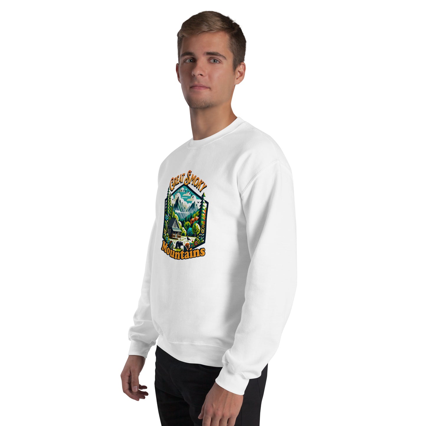Men’s Sweatshirt, Great Smoky Mountains, white, front right side men