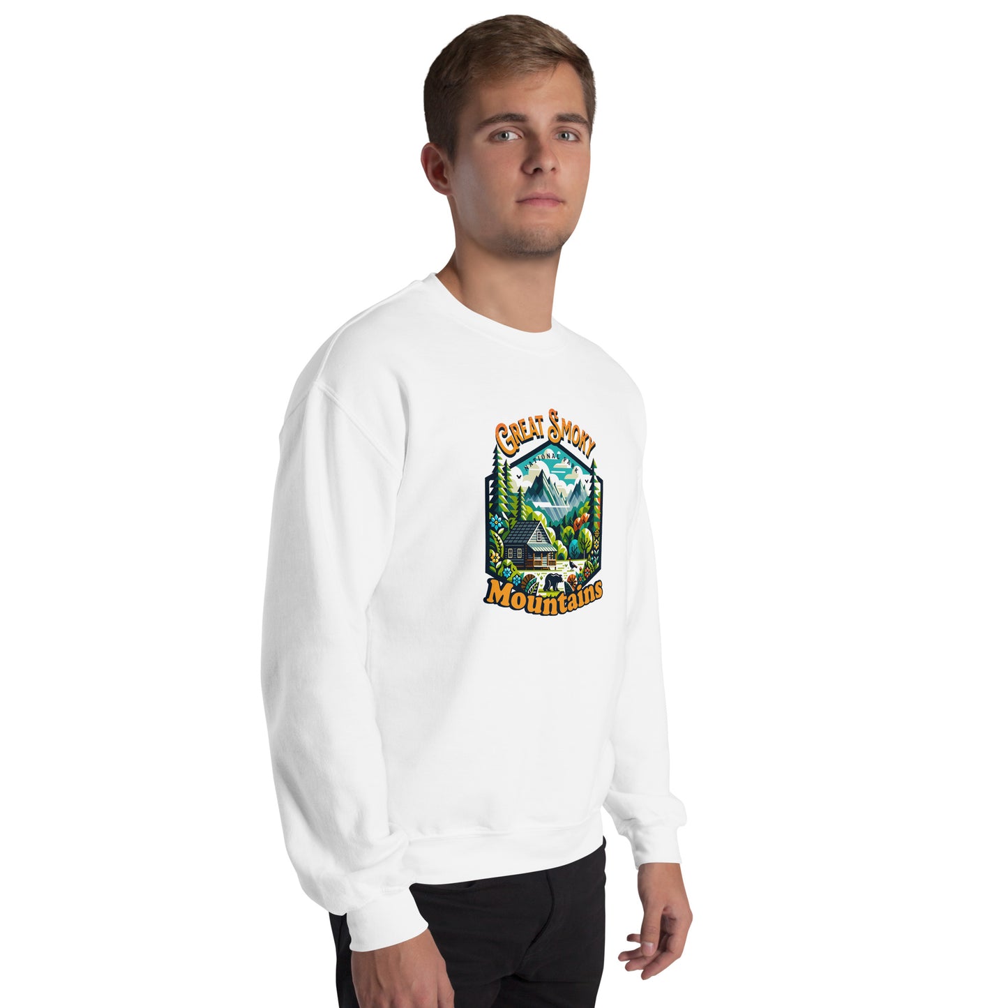 Men’s Sweatshirt, Great Smoky Mountains, white, front left side men