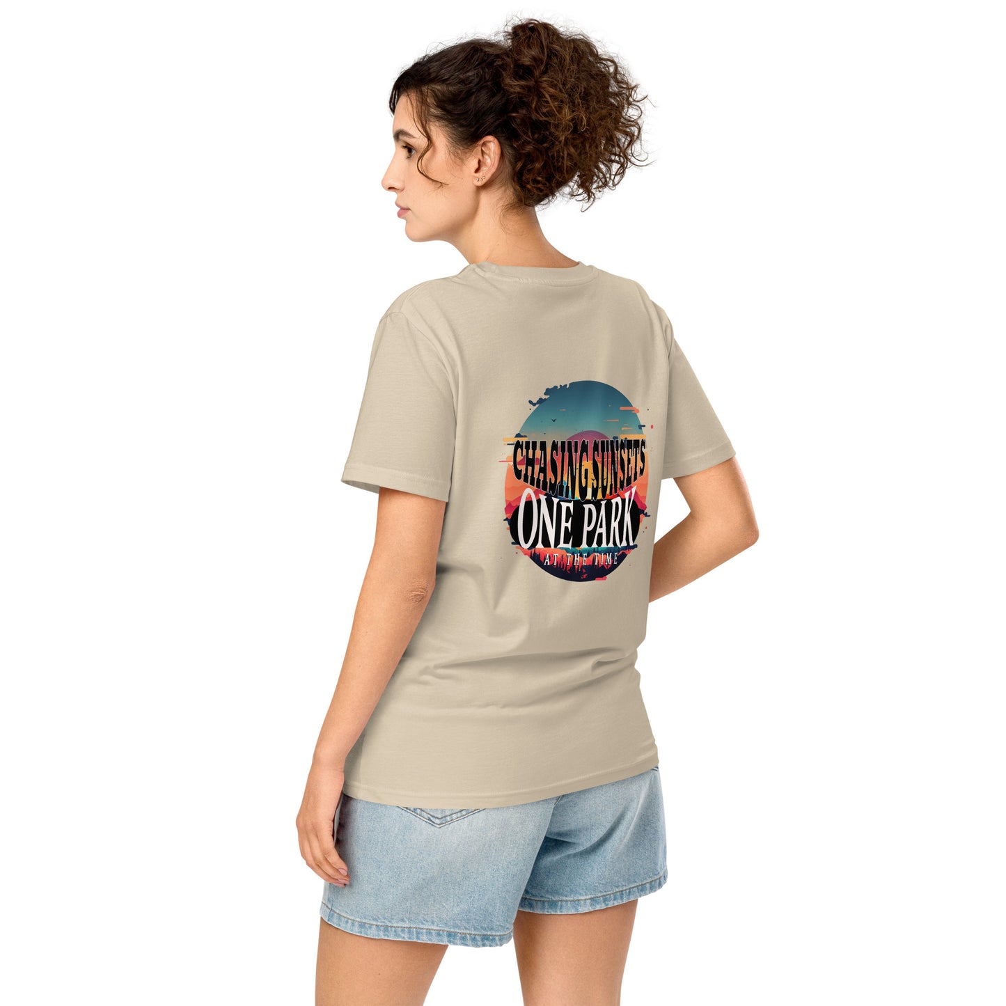 Organic t-shirt, National Parks, chasing sunsets, color beige, back side women