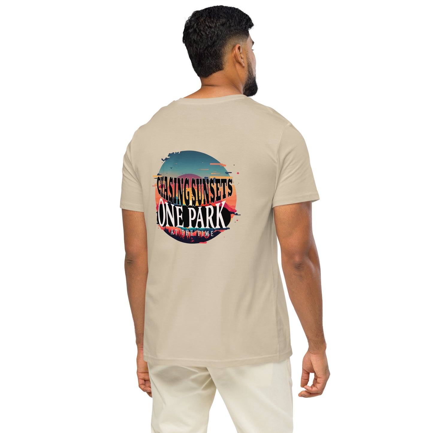 Organic t-shirt, National Parks, chasing sunsets, color beige, back side men
