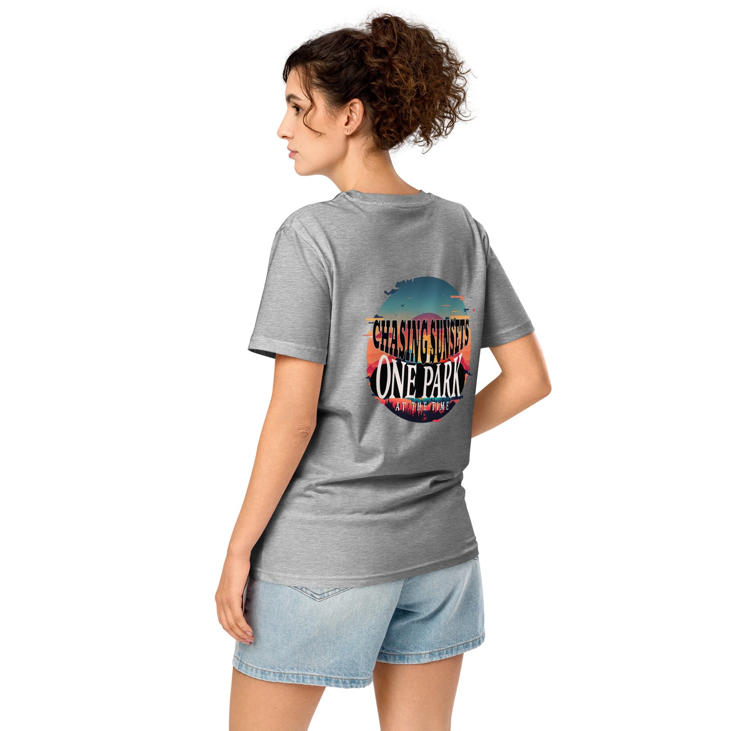 Organic t-shirt, National Parks, chasing sunsets, color gray, back side women