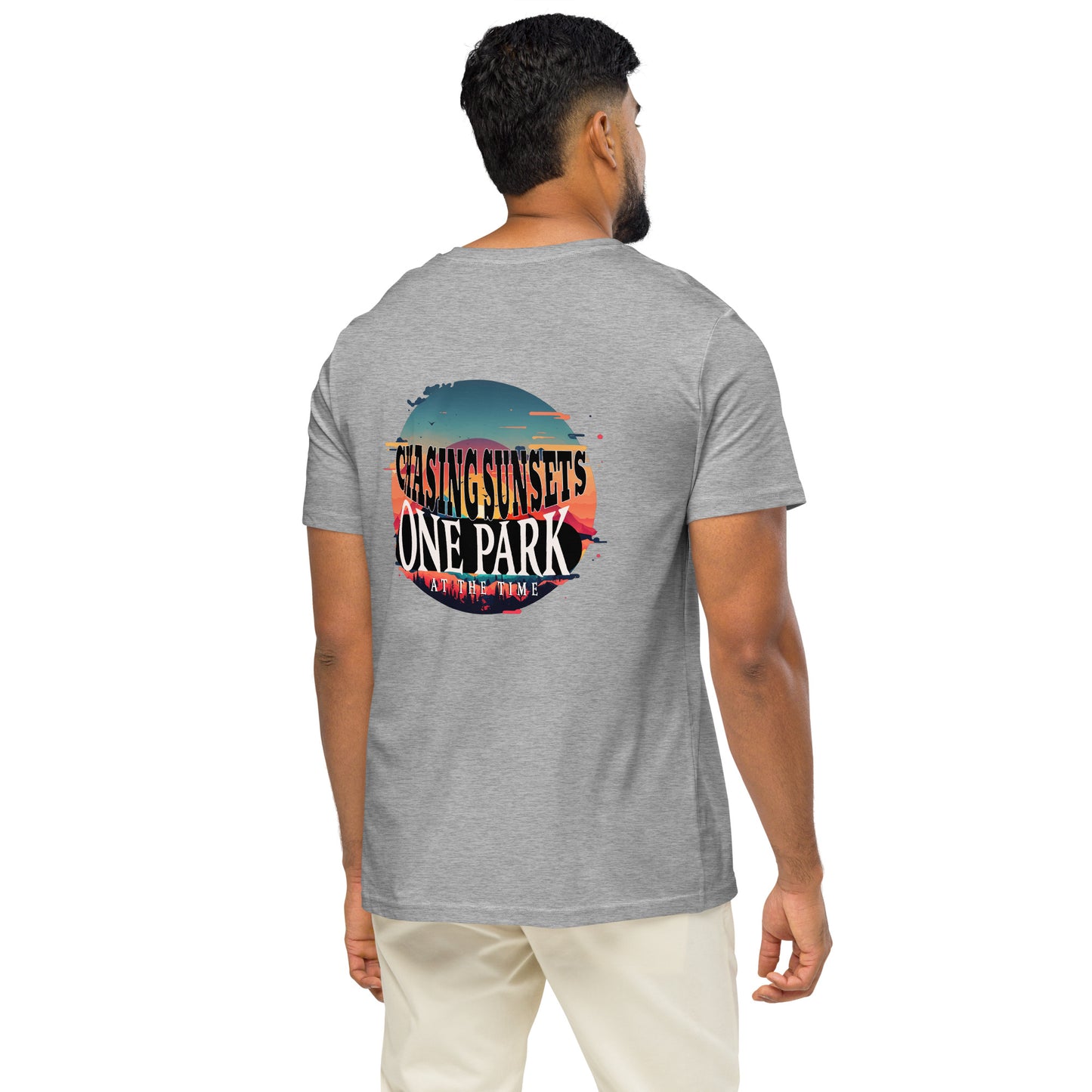 Organic t-shirt, National Parks, chasing sunsets, color gray, back side men