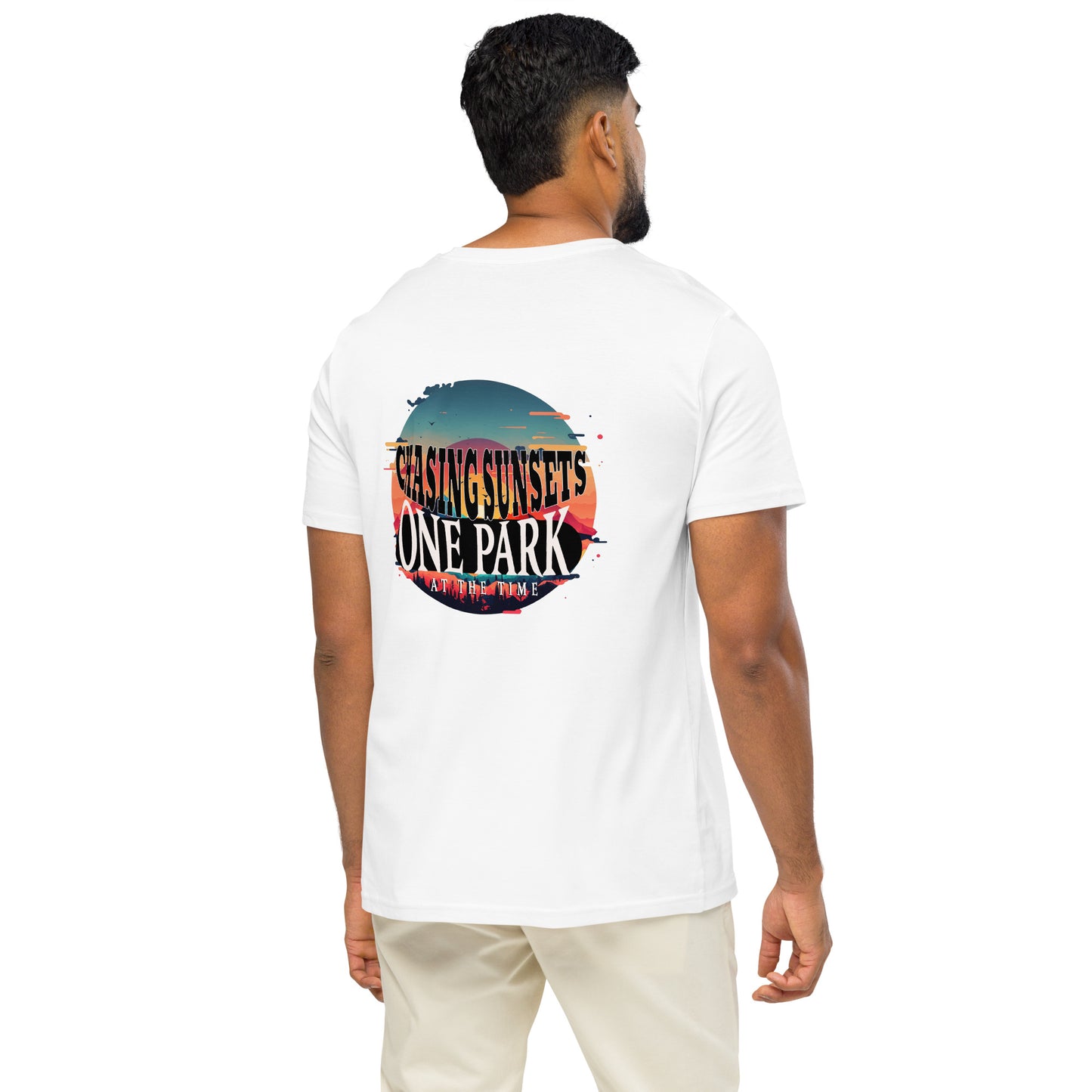Organic t-shirt, National Parks, chasing sunsets, color white back men