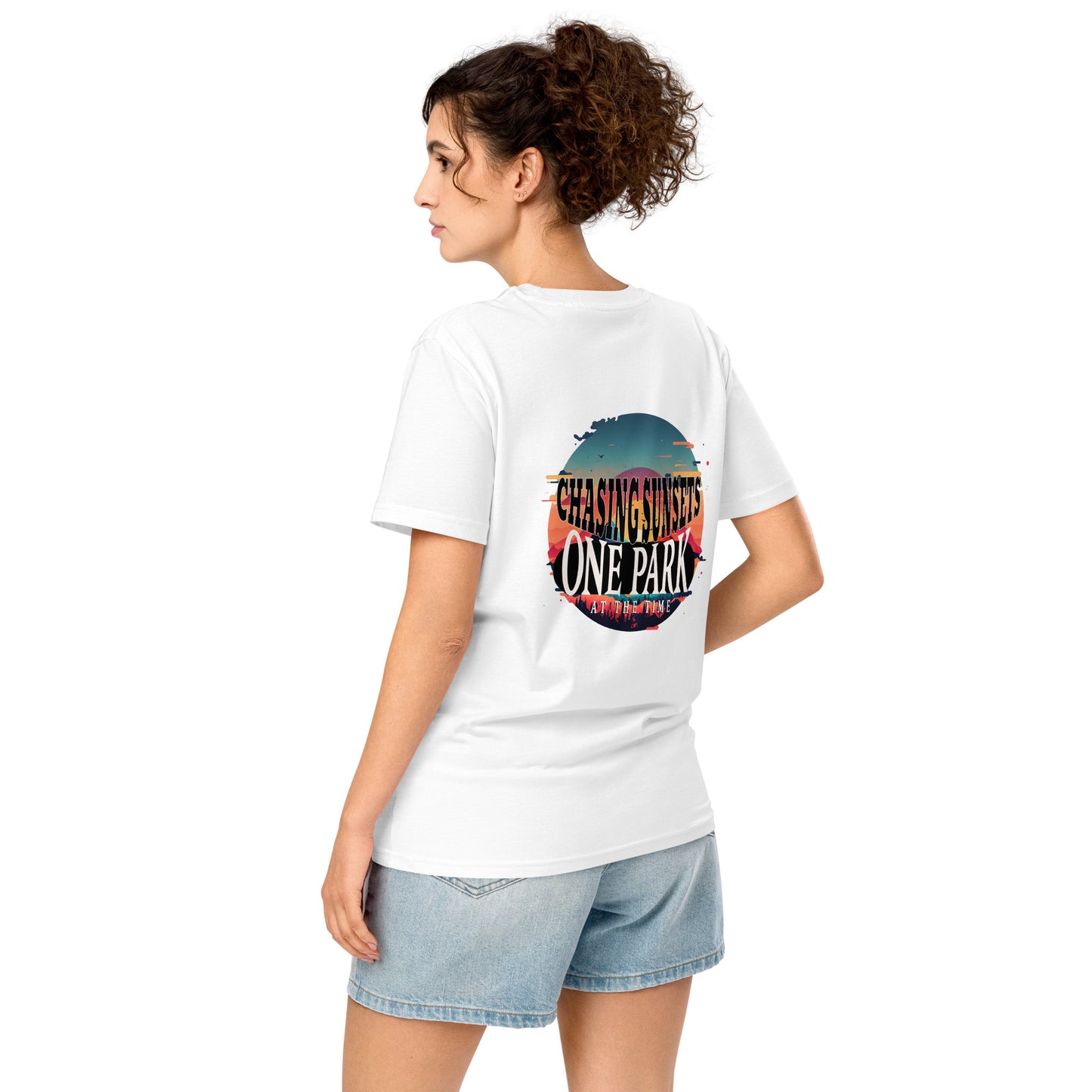Organic t-shirt, National Parks, chasing sunsets, color white, back side women