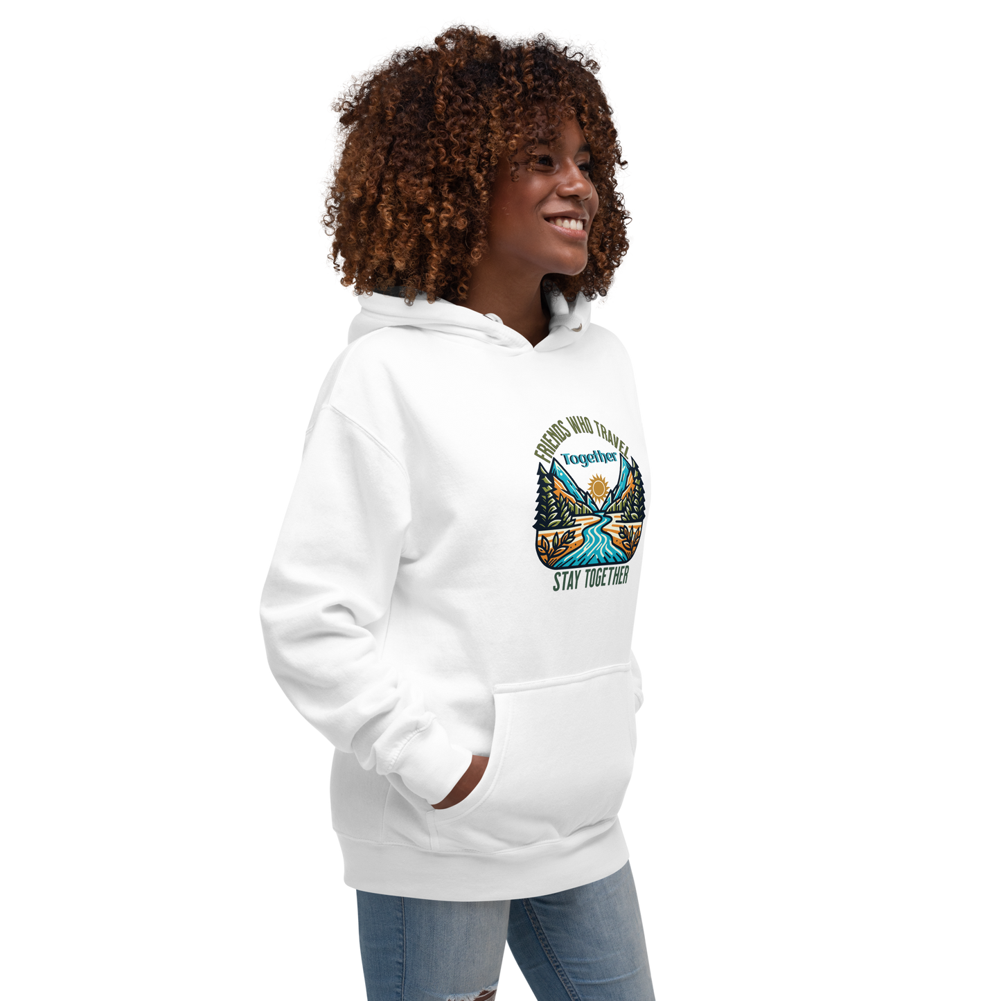 Women’s Hoodie - Friends Who Travel Together Stay Together - Adventure Apparel, White, Front left side