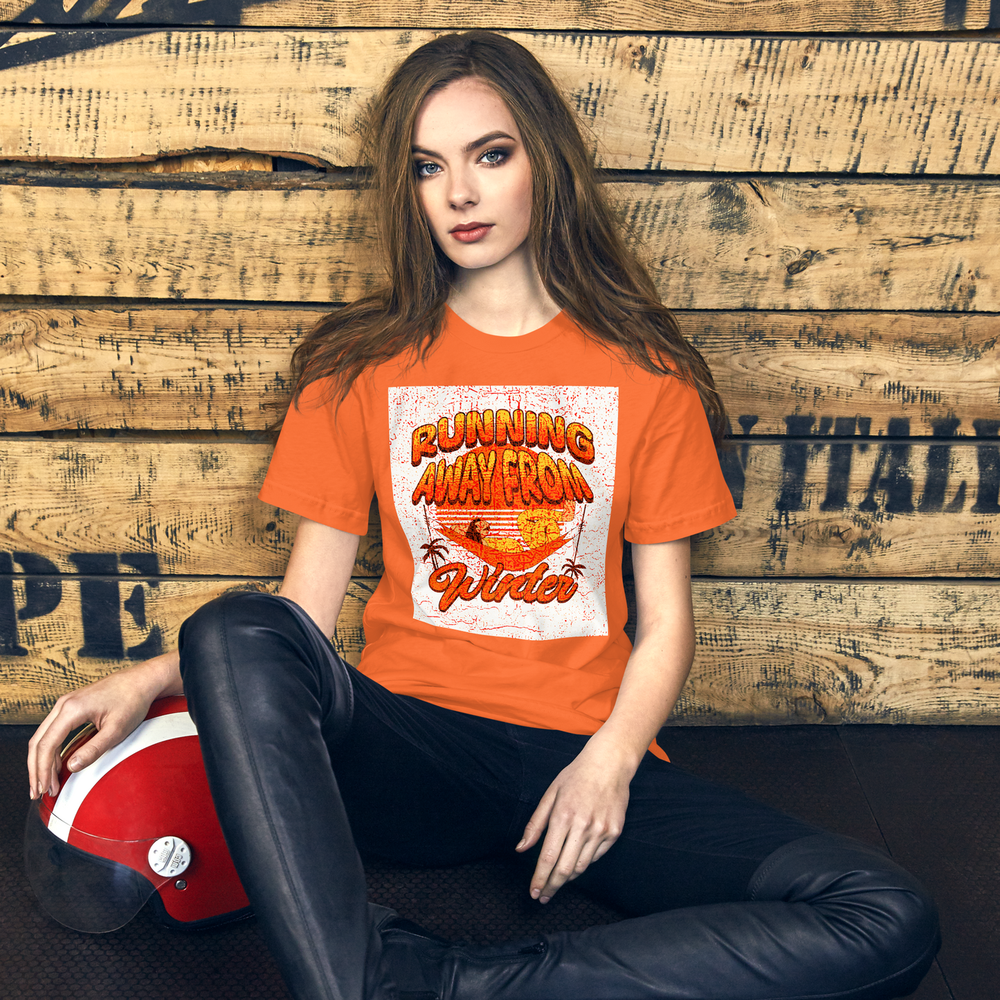 Unisex T-Shirt - Running Away from Winter - Escape Winter in Style, orange, front girl
