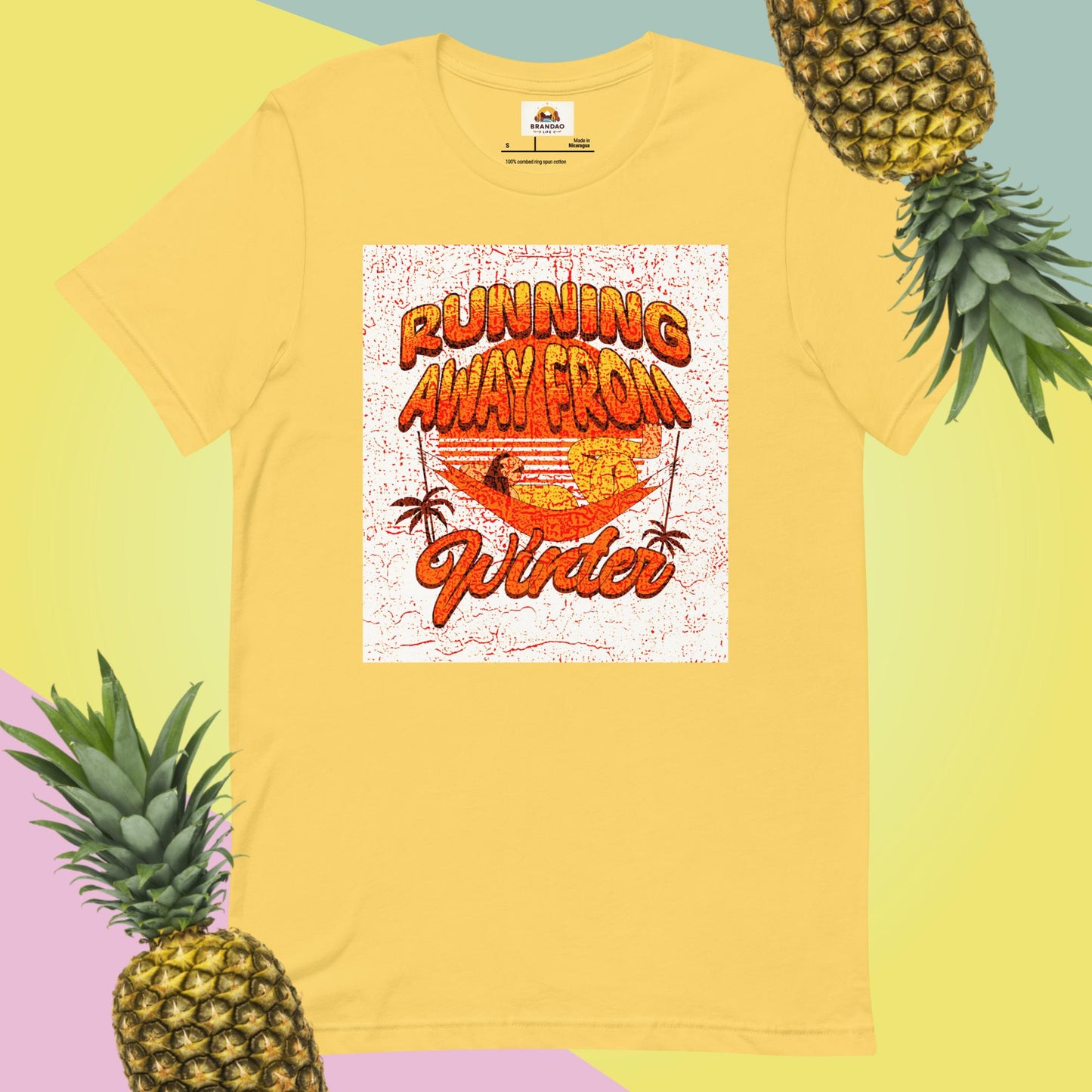 Unisex T-Shirt - Running Away from Winter - Escape Winter in Style, yellow, front full body