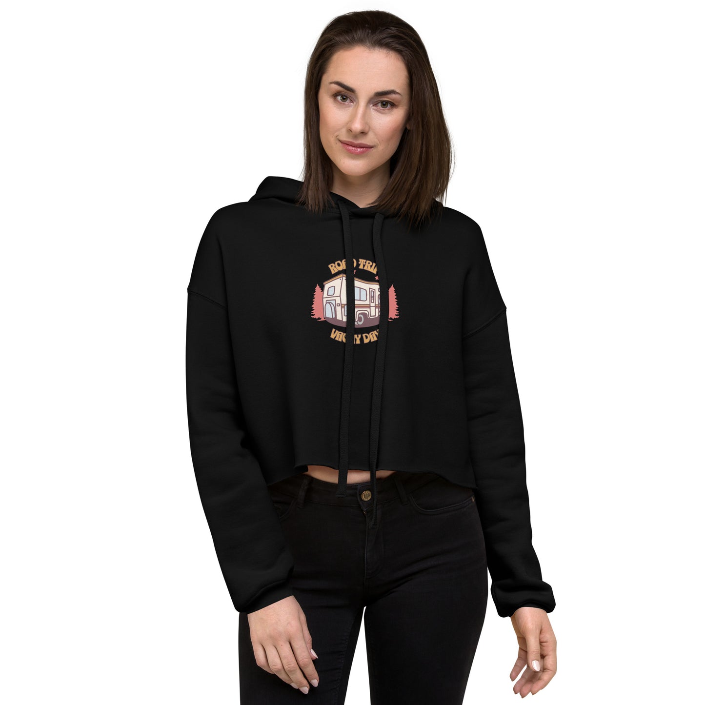 Crop Hoodie - Road Trip Vibes - Adventure-Ready Apparel, Black, Front side