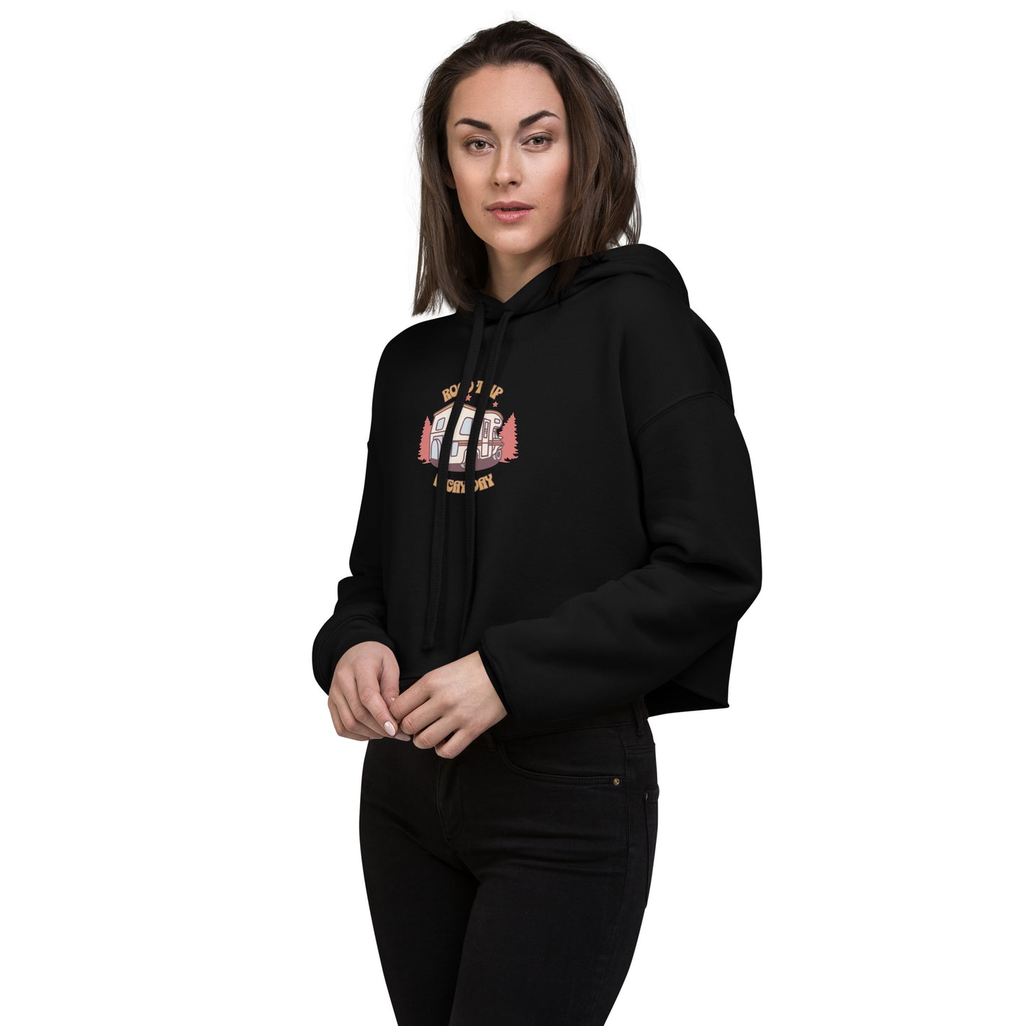 Crop Hoodie - Road Trip Vibes - Adventure-Ready Apparel, Black, Front right side