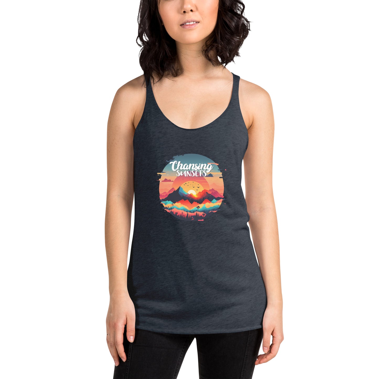 Women's Racerback Tank –Soft and Stylish Perfect for Warm Days, vintage navy, front, women.