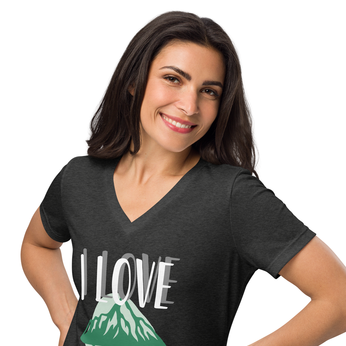 Women’s Relaxed V-Neck T-Shirt - I Love Adventure - Comfortable and Stylish, grey, front close up