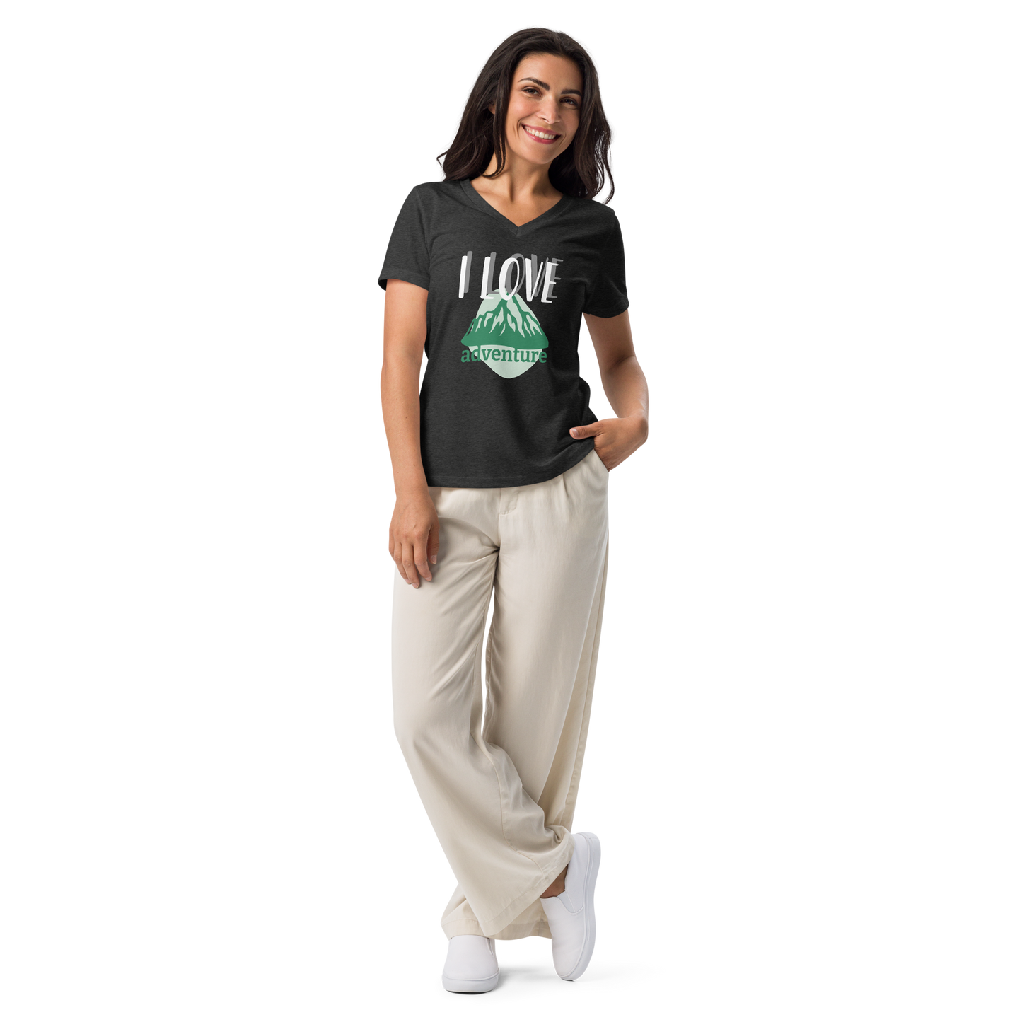Women’s Relaxed V-Neck T-Shirt - I Love Adventure - Comfortable and Stylish, grey, front full body girl