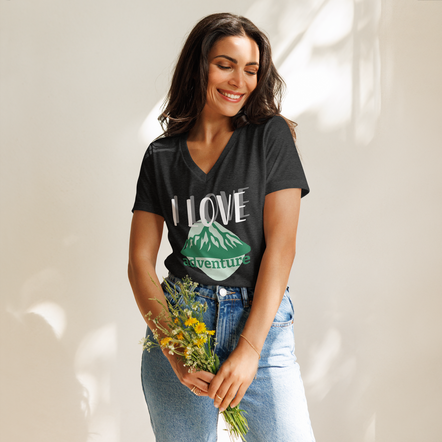 Women’s Relaxed V-Neck T-Shirt - I Love Adventure - Comfortable and Stylish, grey, front flowers