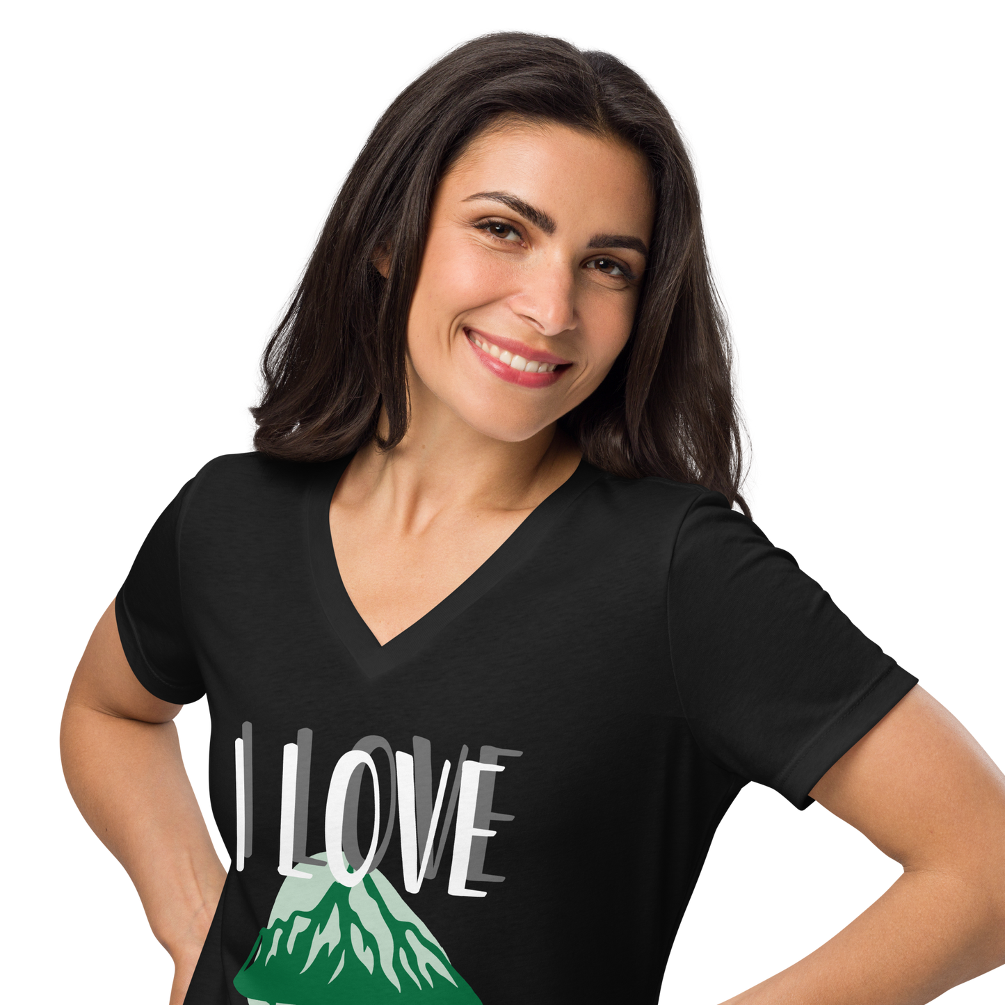 Women’s Relaxed V-Neck T-Shirt - I Love Adventure - Comfortable and Stylish, black, front close up