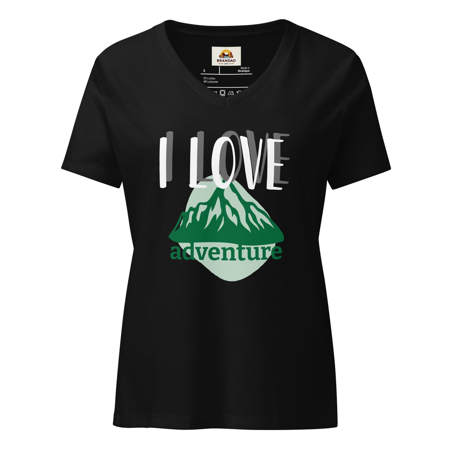 Women’s Relaxed V-Neck T-Shirt - I Love Adventure - Comfortable and Stylish, black, front full body