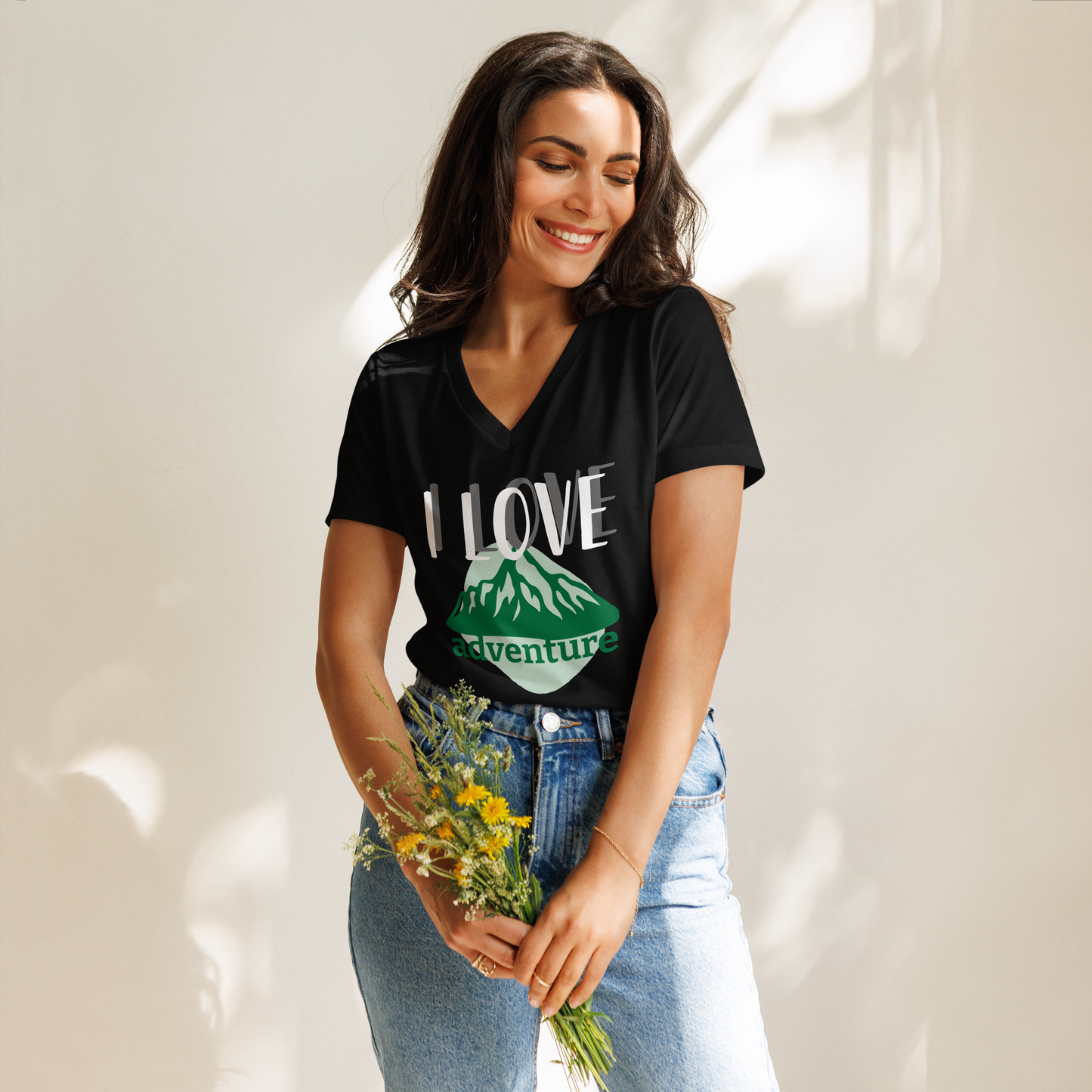 Women’s Relaxed V-Neck T-Shirt - I Love Adventure - Comfortable and Stylish, black, front flowers