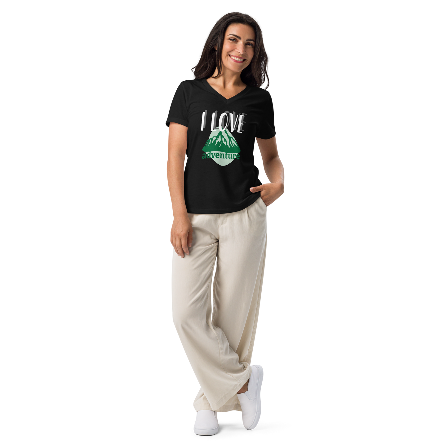 Women’s Relaxed V-Neck T-Shirt - I Love Adventure - Comfortable and Stylish, black, front full body women
