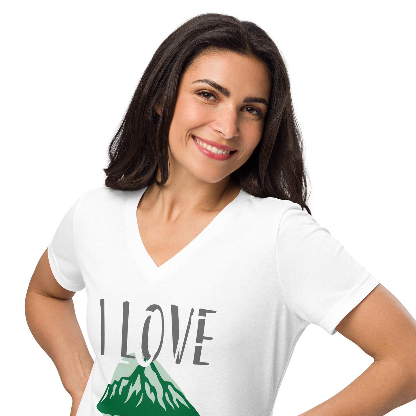Women’s Relaxed V-Neck T-Shirt - I Love Adventure - Comfortable and Stylish, white, from close up