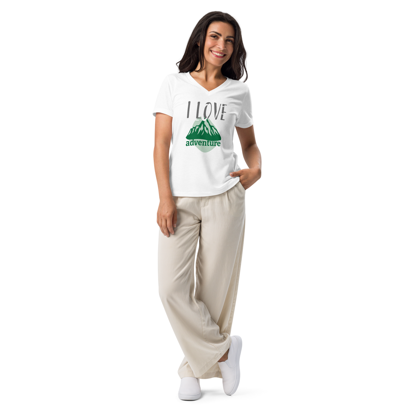 Women’s Relaxed V-Neck T-Shirt - I Love Adventure - Comfortable and Stylish, white, front full body women