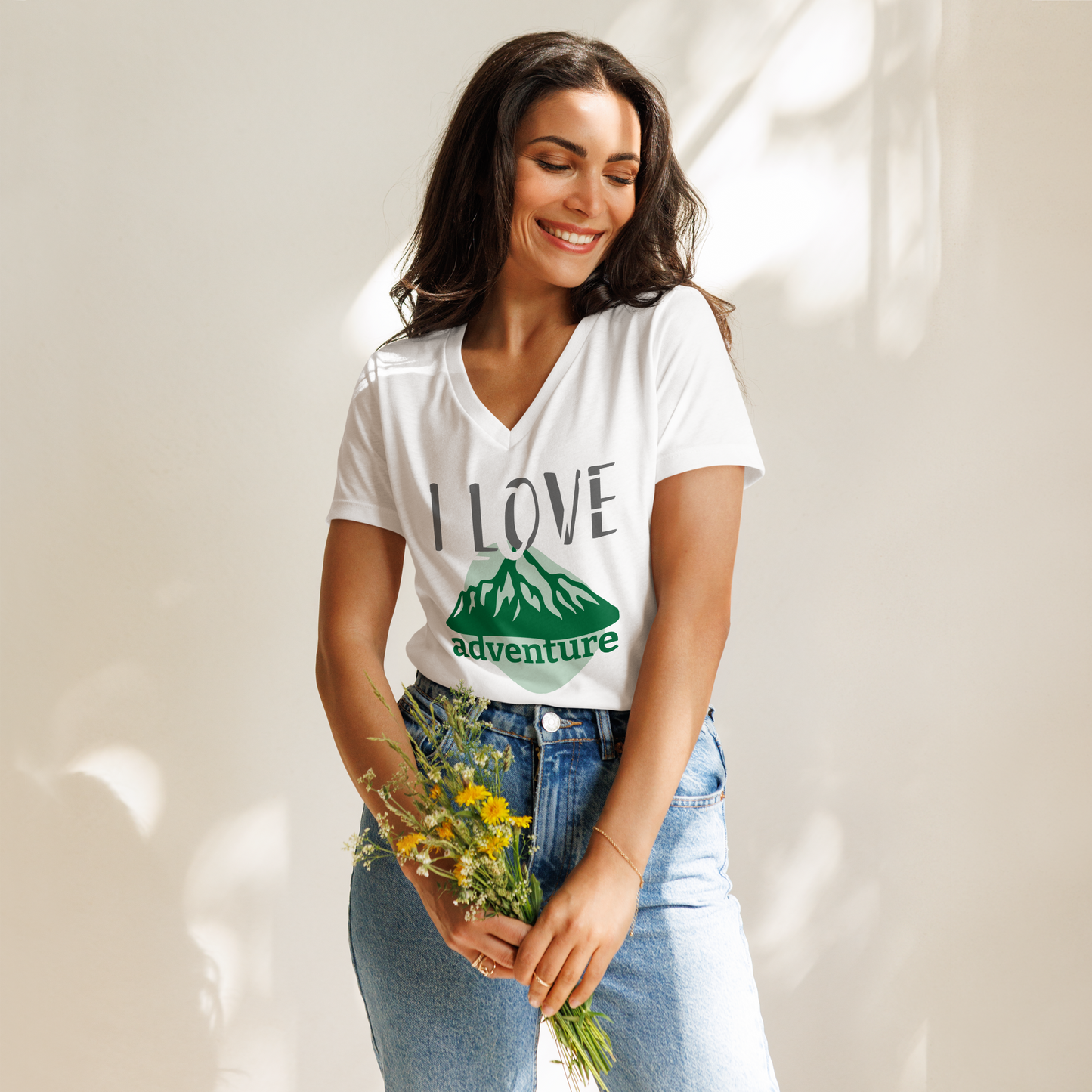 Women’s Relaxed V-Neck T-Shirt - I Love Adventure - Comfortable and Stylish, white, front flower women