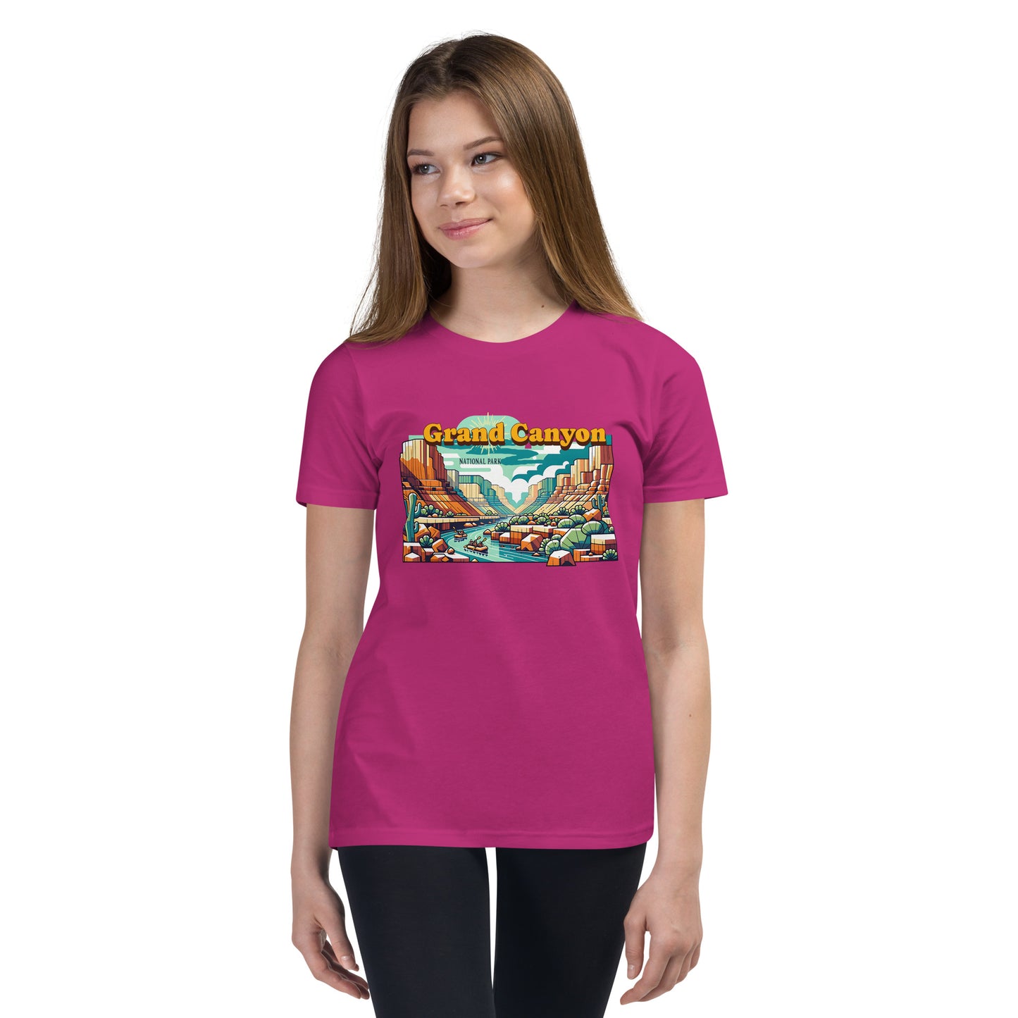 Youth Short Sleeve T-Shirt - Grand Canyon Adventure - National Parks, Pink, front girl