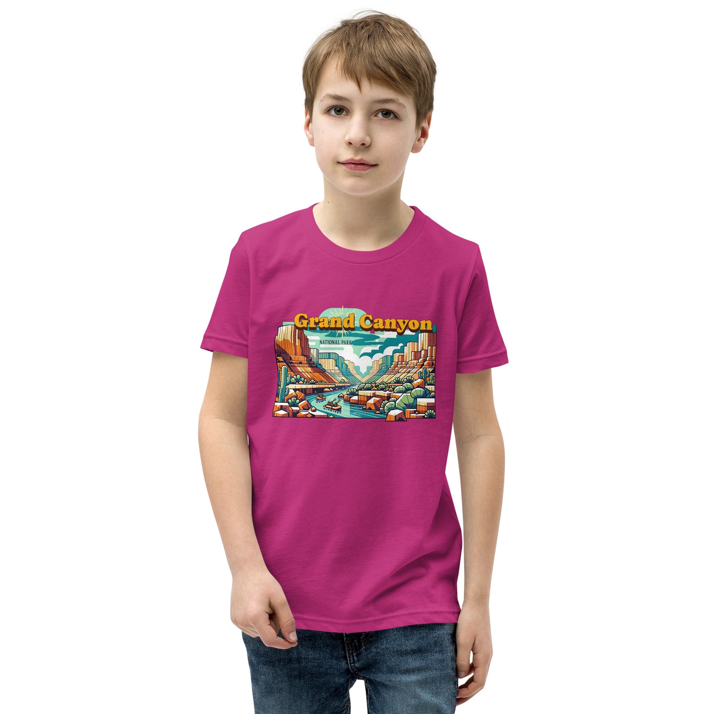 Youth Short Sleeve T-Shirt - Grand Canyon Adventure - National Parks, Pink, front boy