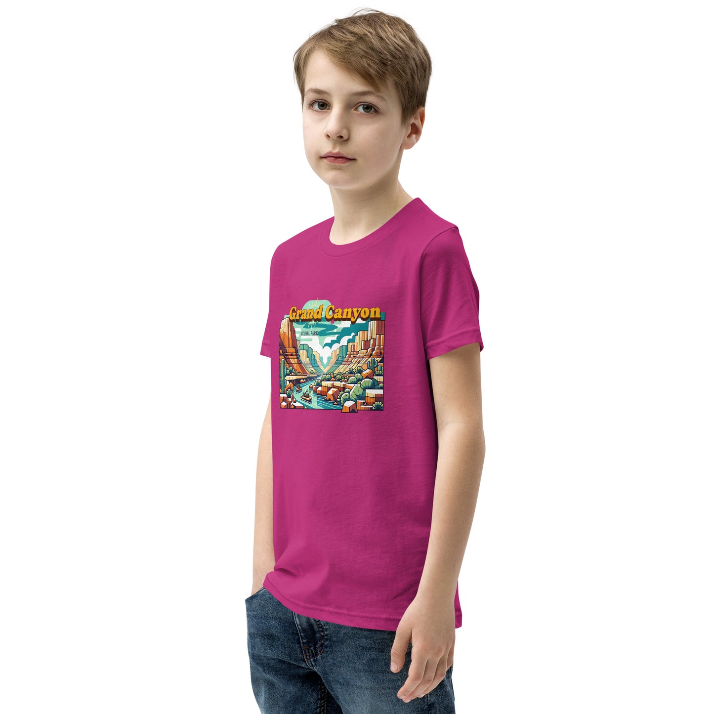 Youth Short Sleeve T-Shirt - Grand Canyon Adventure - National Parks, Pink, front right boy