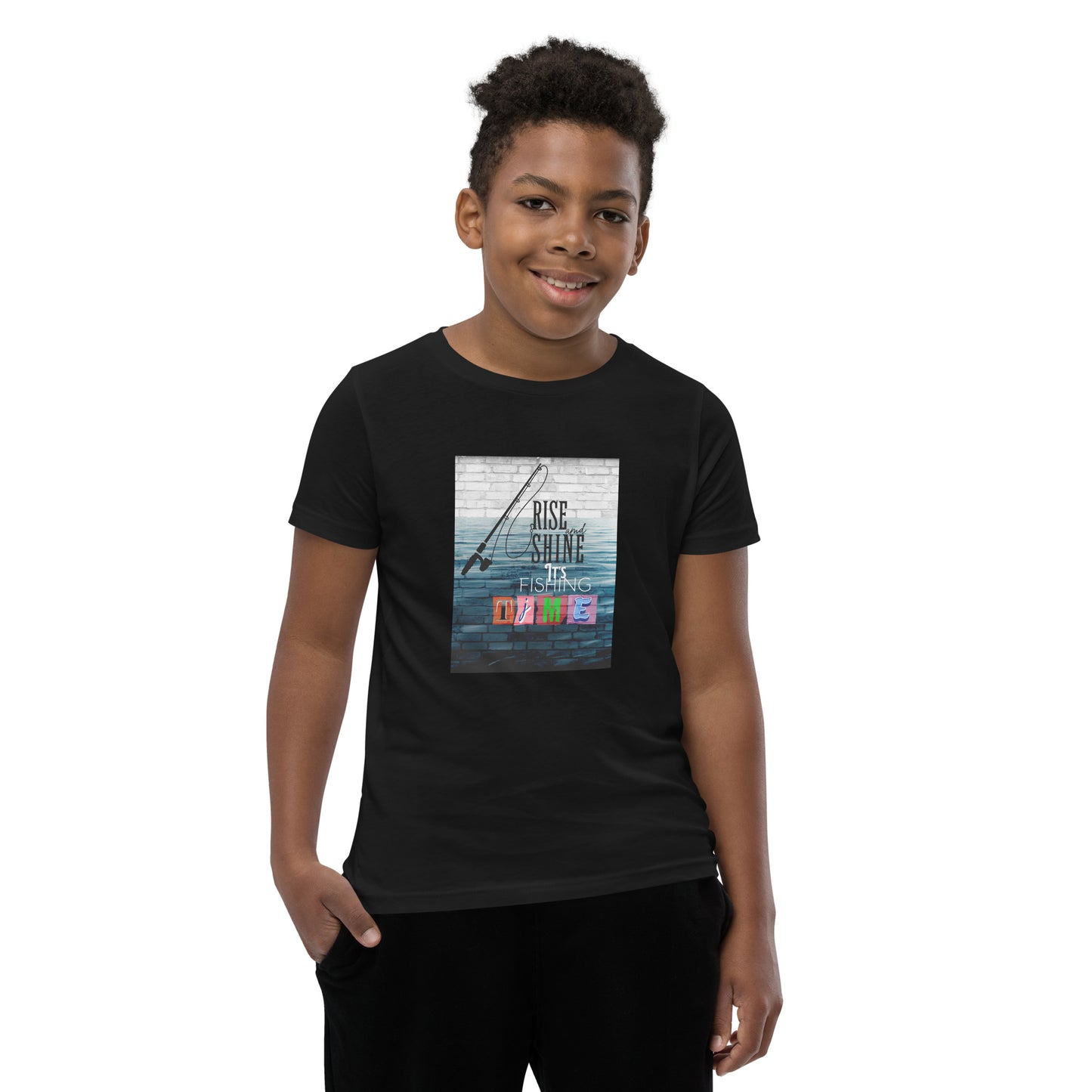 Youth Short Sleeve Unisex T-Shirt - It's Fishing Time - Fun Outdoor Adventures Apparel, black, front side