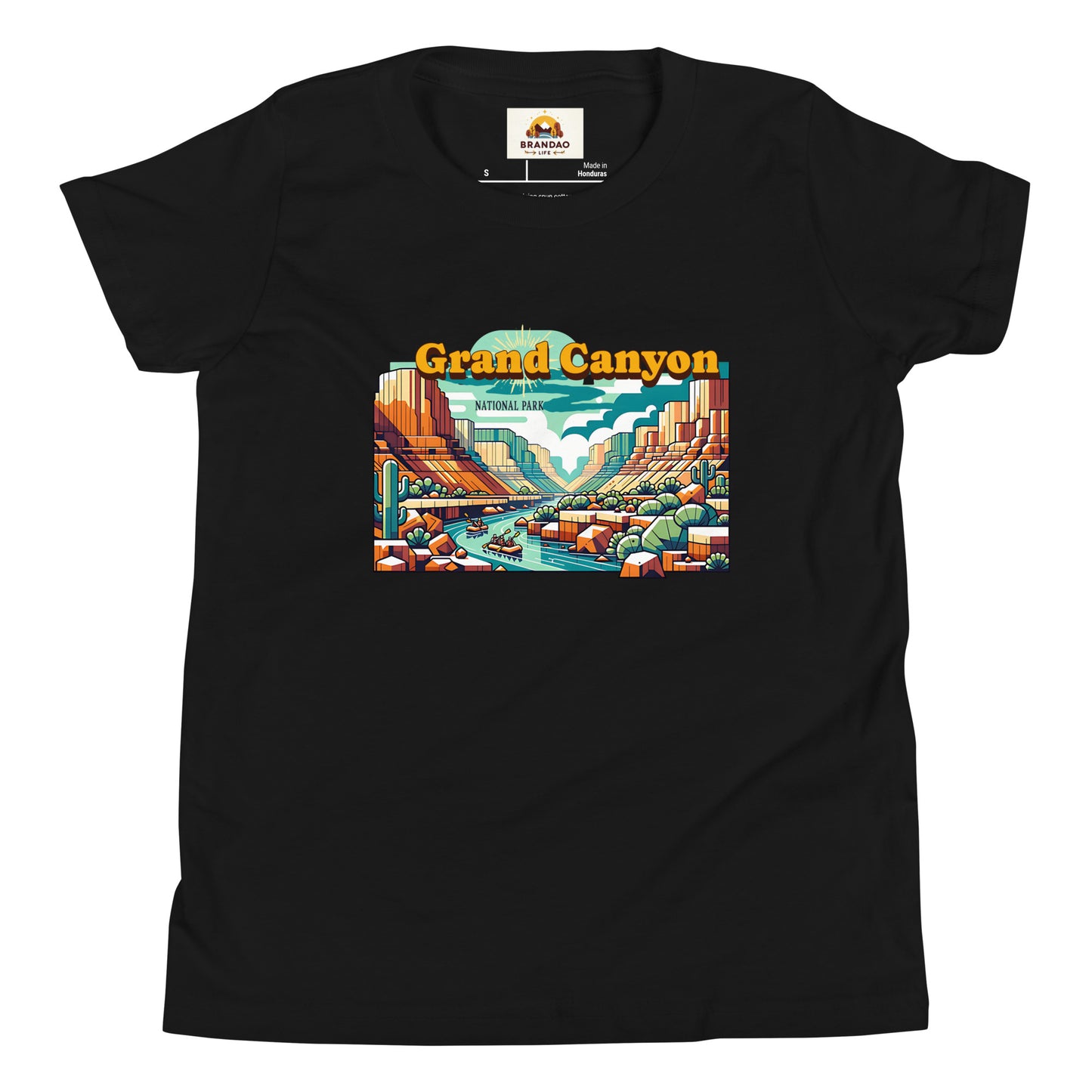Youth Short Sleeve T-Shirt - Grand Canyon Adventure - National Parks, Black, front just shirt