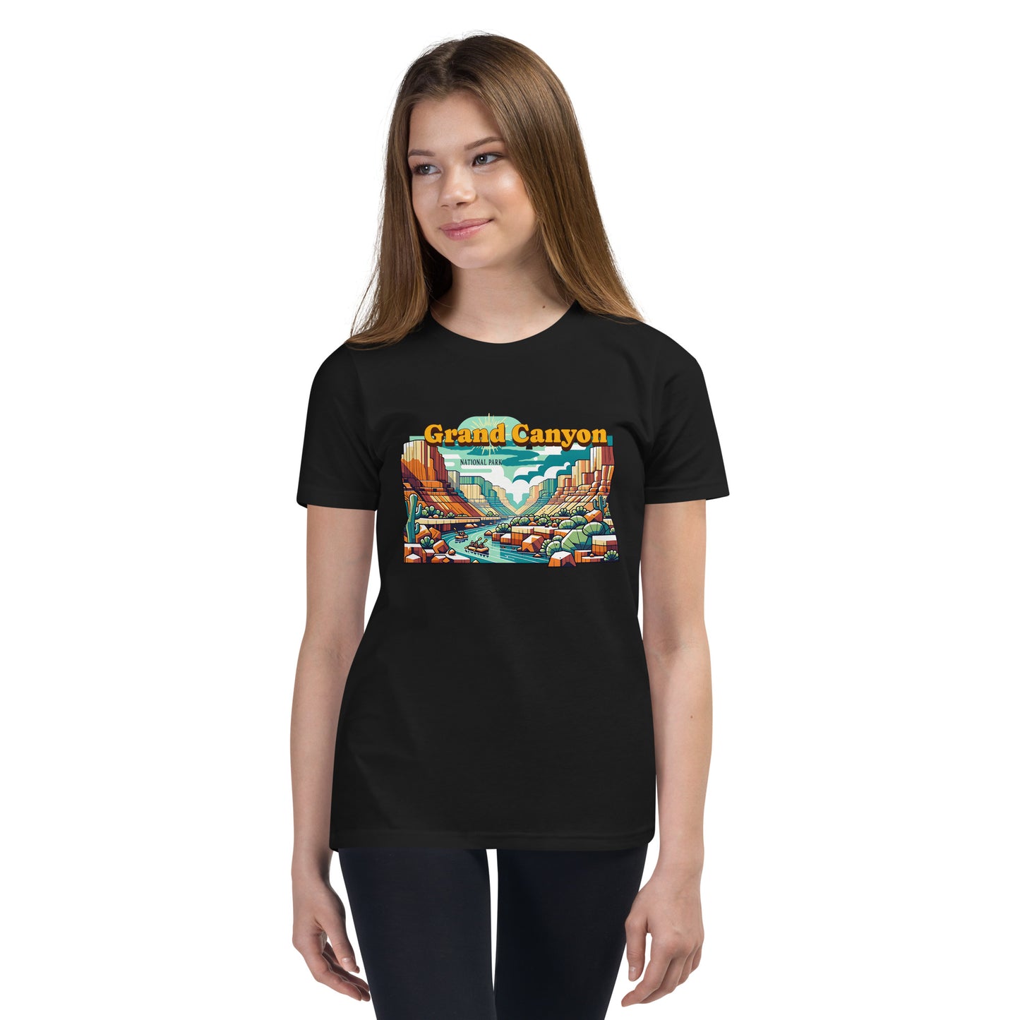 Youth Short Sleeve T-Shirt - Grand Canyon Adventure - National Parks, Black, front girl