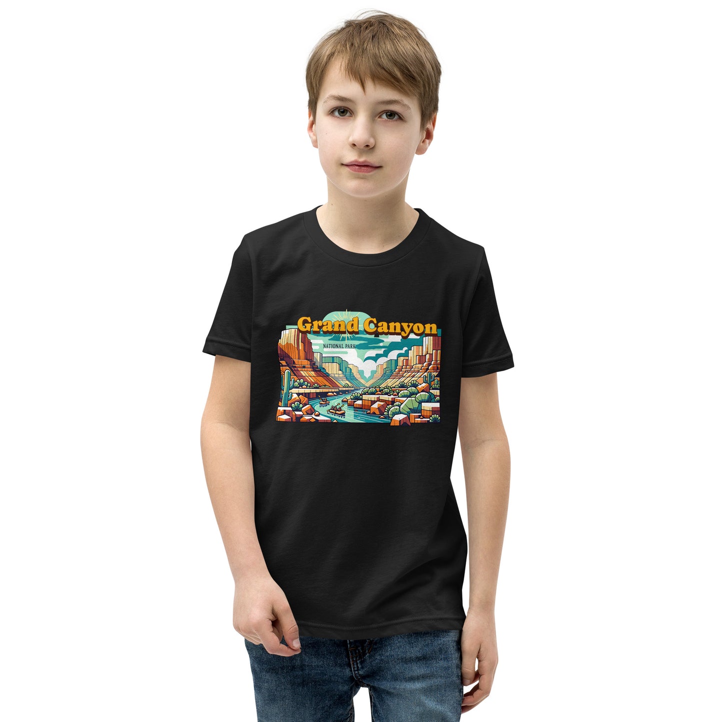 Youth Short Sleeve T-Shirt - Grand Canyon Adventure - National Parks, Black, front boy