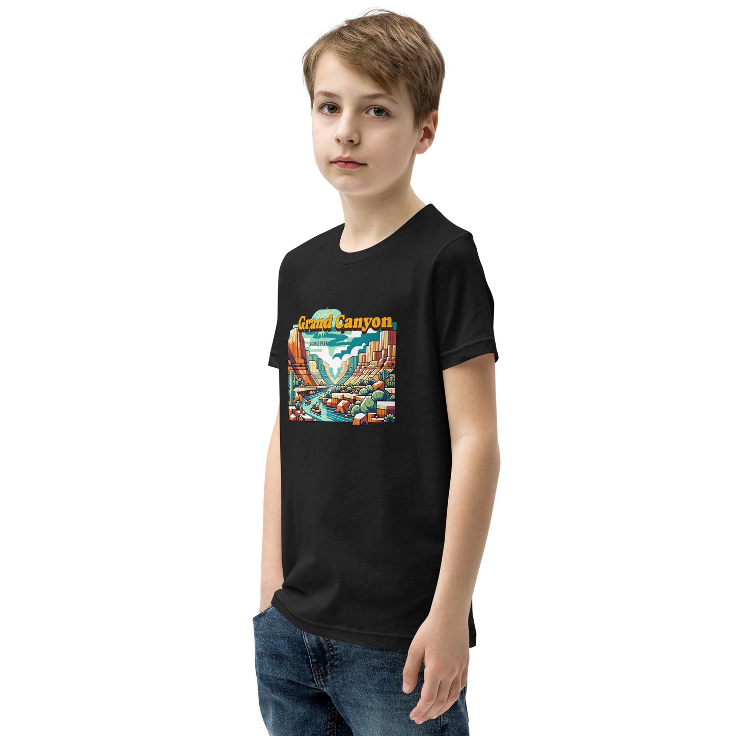 Youth Short Sleeve T-Shirt - Grand Canyon Adventure - National Parks, Black, front right boy
