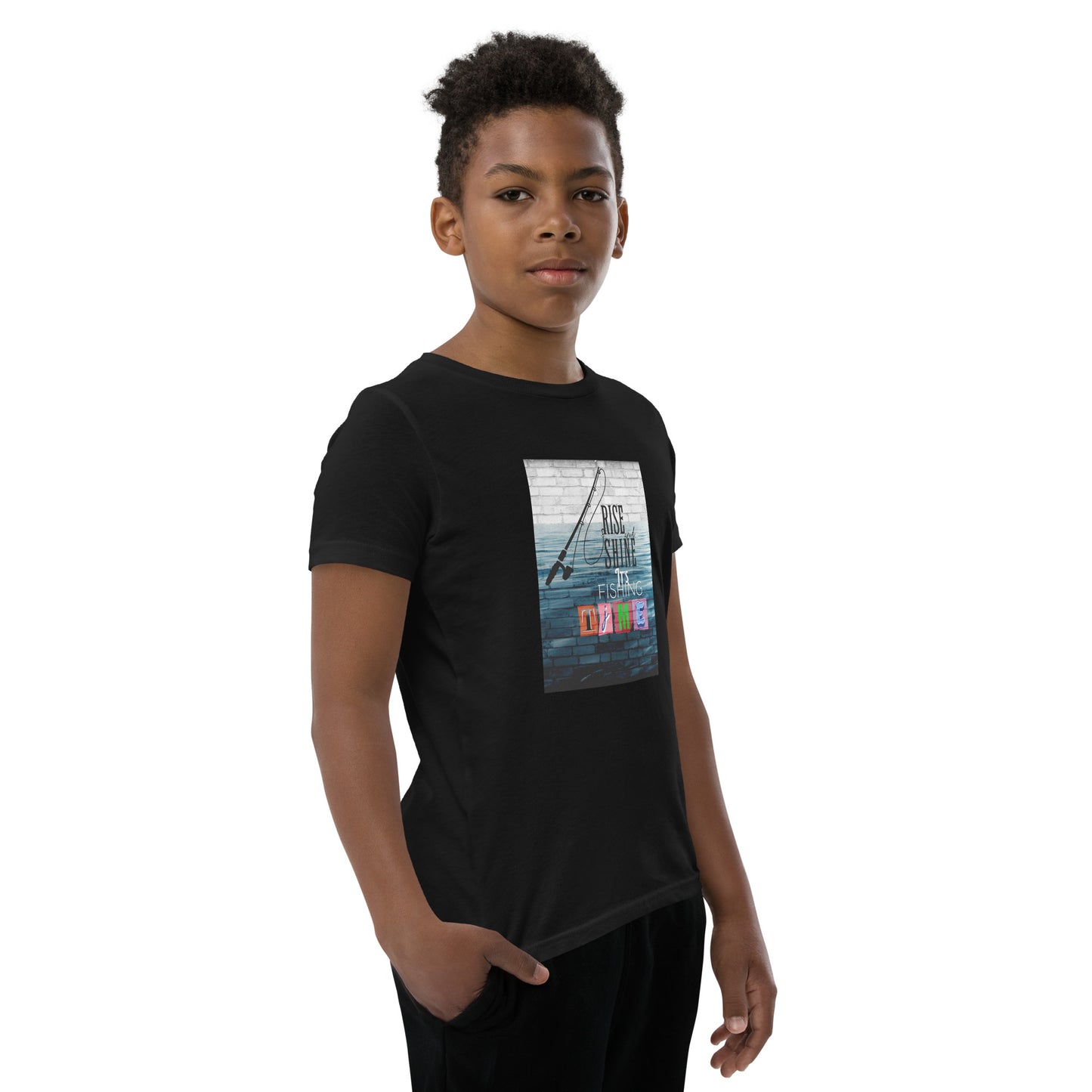 Youth Short Sleeve Unisex T-Shirt - It's Fishing Time - Fun Outdoor Adventures Apparel, black, front left side