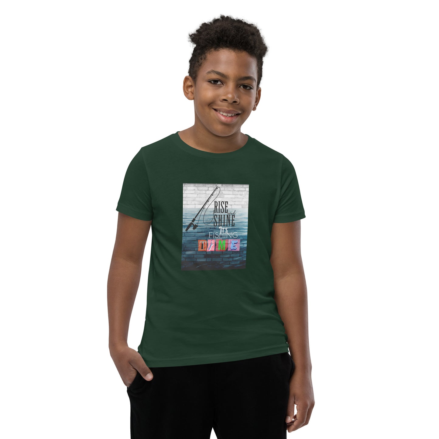 Youth Short Sleeve Unisex T-Shirt - It's Fishing Time - Fun Outdoor Adventures Apparel, Forest, front side