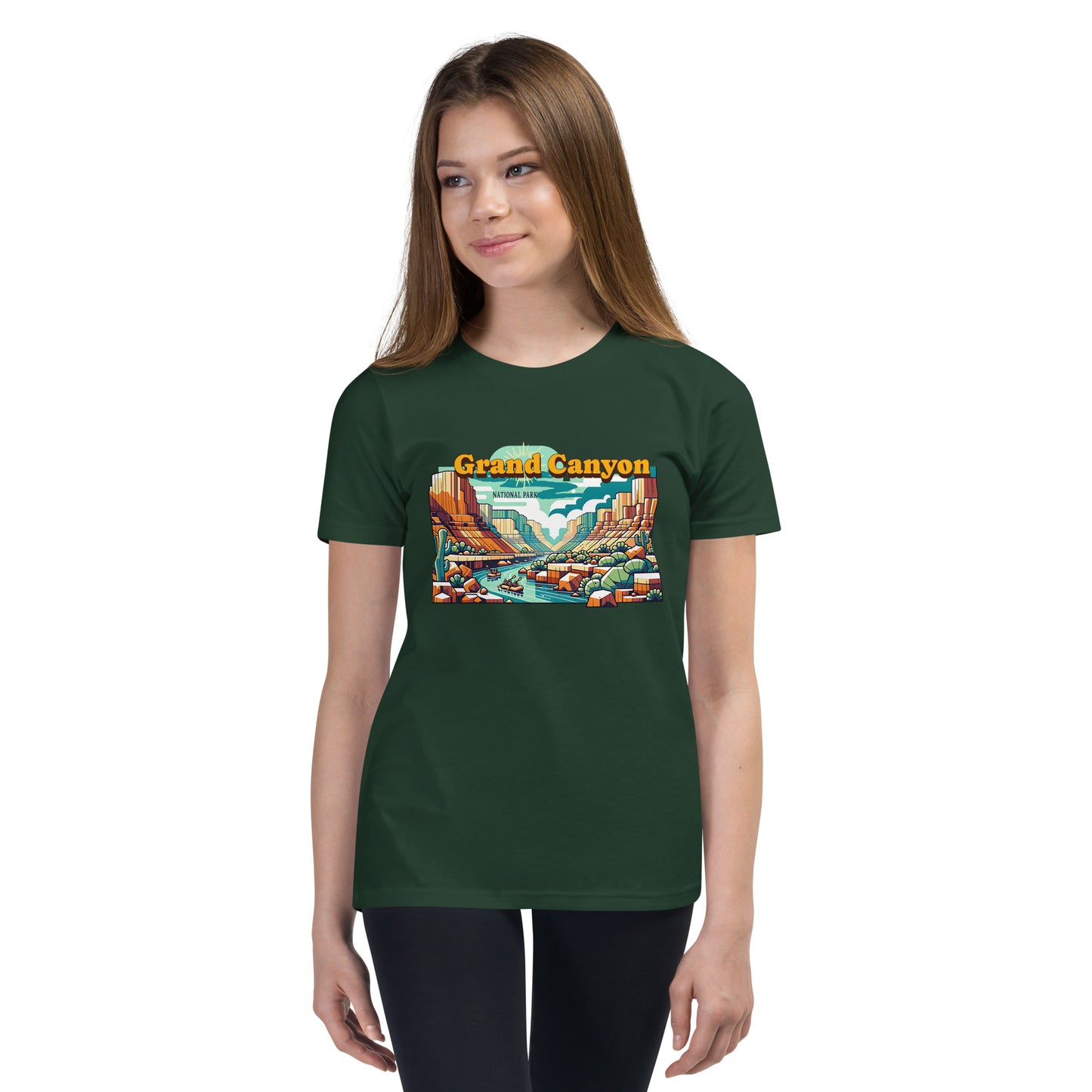 Youth Short Sleeve T-Shirt - Grand Canyon Adventure - National Parks, Forest, front girl