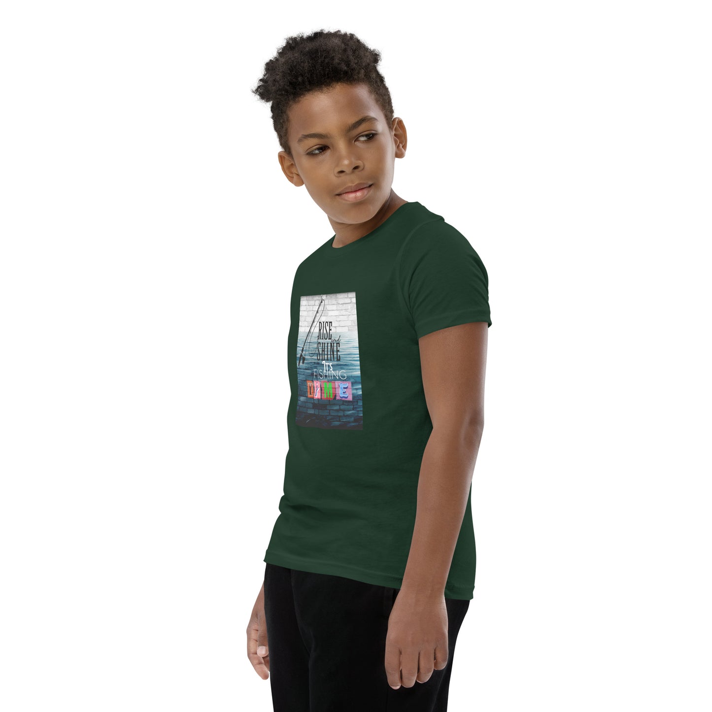 Youth Short Sleeve Unisex T-Shirt - It's Fishing Time - Fun Outdoor Adventures Apparel, Forest, front right side