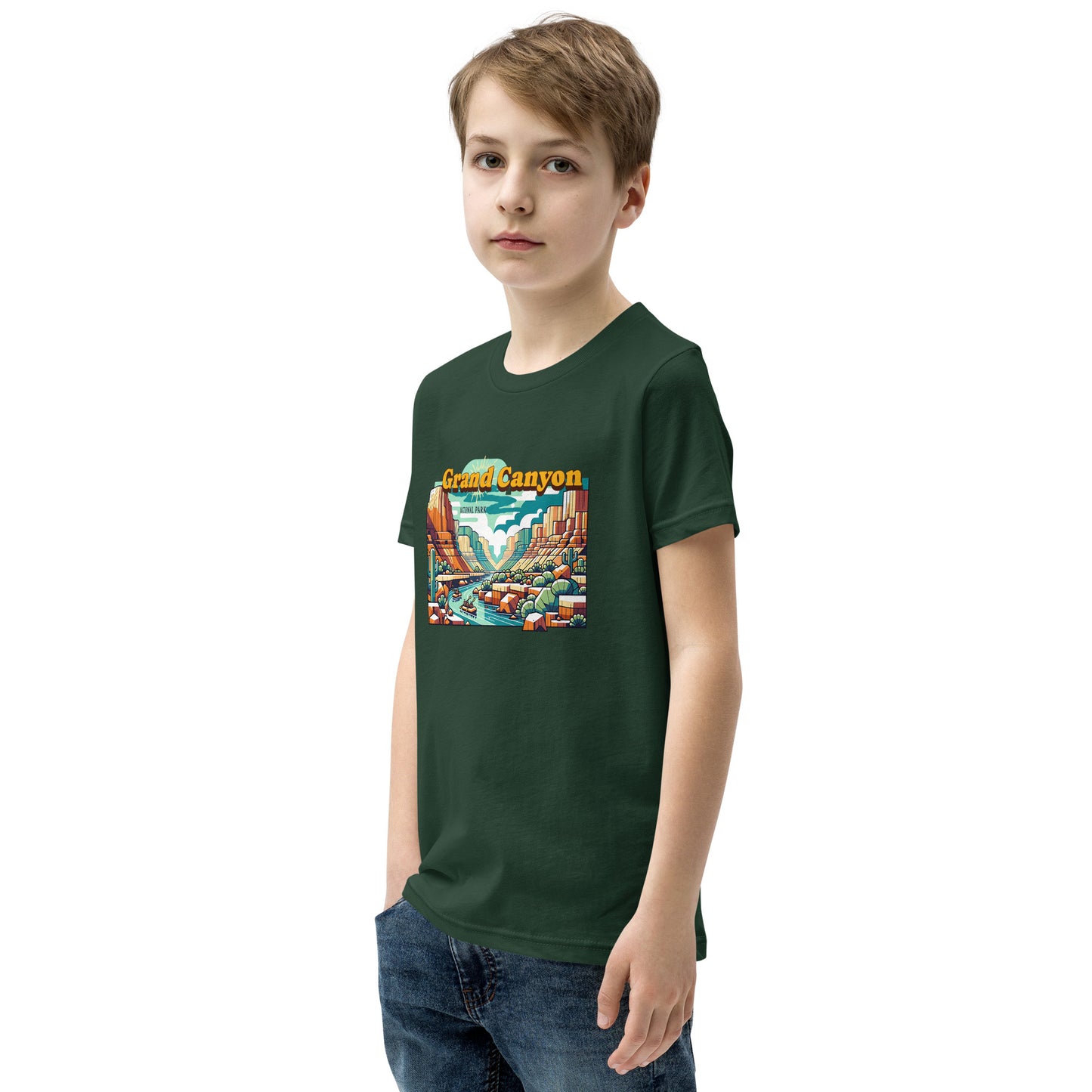 Youth Short Sleeve T-Shirt - Grand Canyon Adventure - National Parks, Forest, front right boy