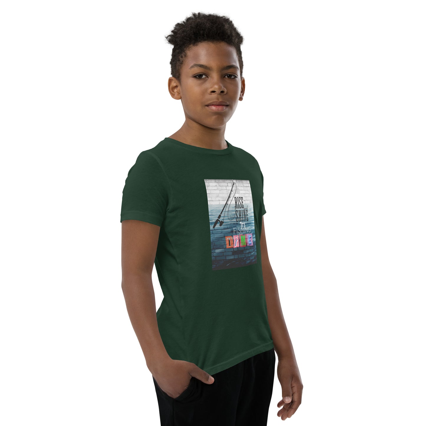 Youth Short Sleeve Unisex T-Shirt - It's Fishing Time - Fun Outdoor Adventures Apparel, Forest, front left side