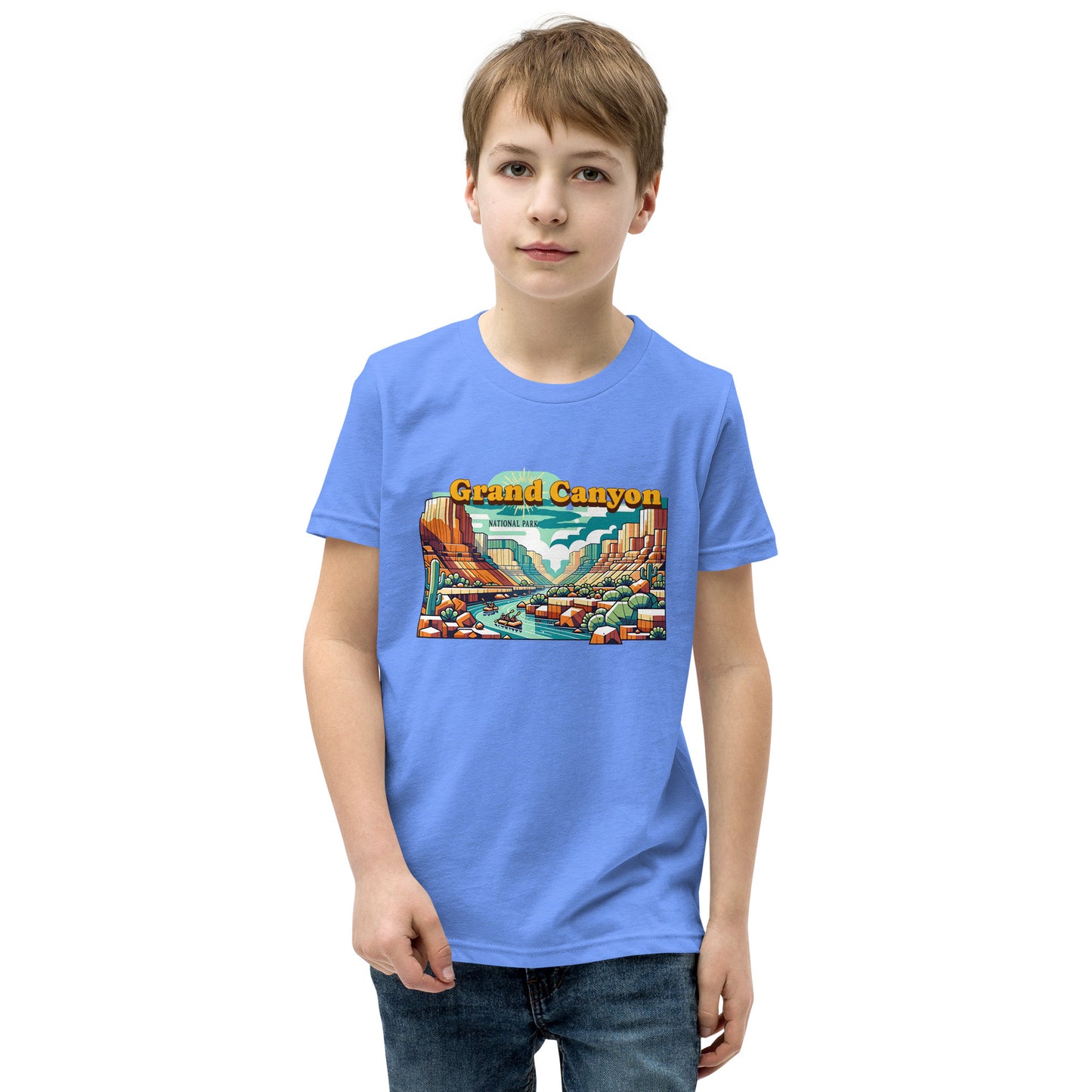 Youth Short Sleeve T-Shirt - Grand Canyon Adventure - National Parks, Blue, front boy