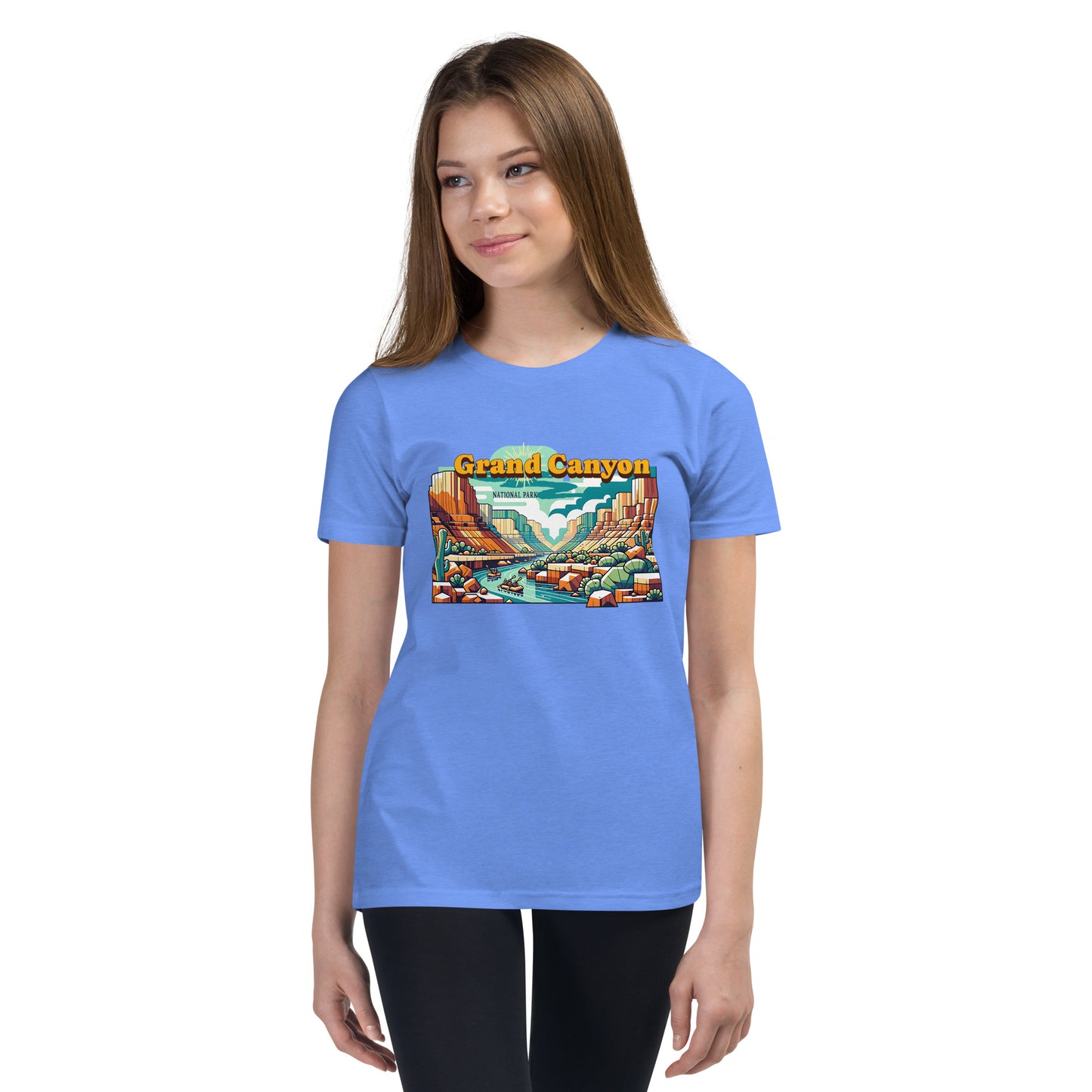 Youth Short Sleeve T-Shirt - Grand Canyon Adventure - National Parks, Blue, front girl