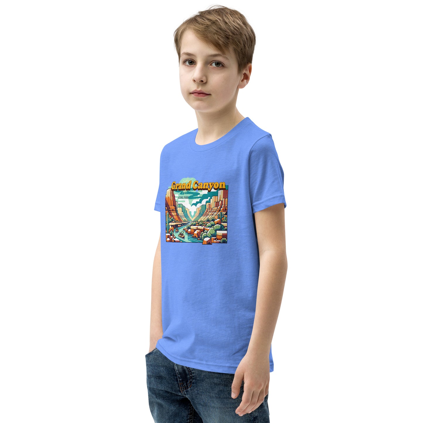 Youth Short Sleeve T-Shirt - Grand Canyon Adventure - National Parks, Blue, front right boy