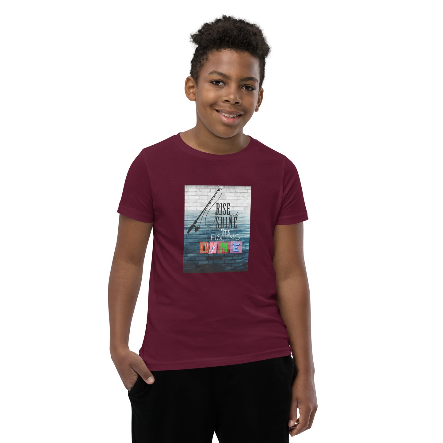 Youth Short Sleeve Unisex T-Shirt - It's Fishing Time - Fun Outdoor Adventures Apparel, Maroon, front side