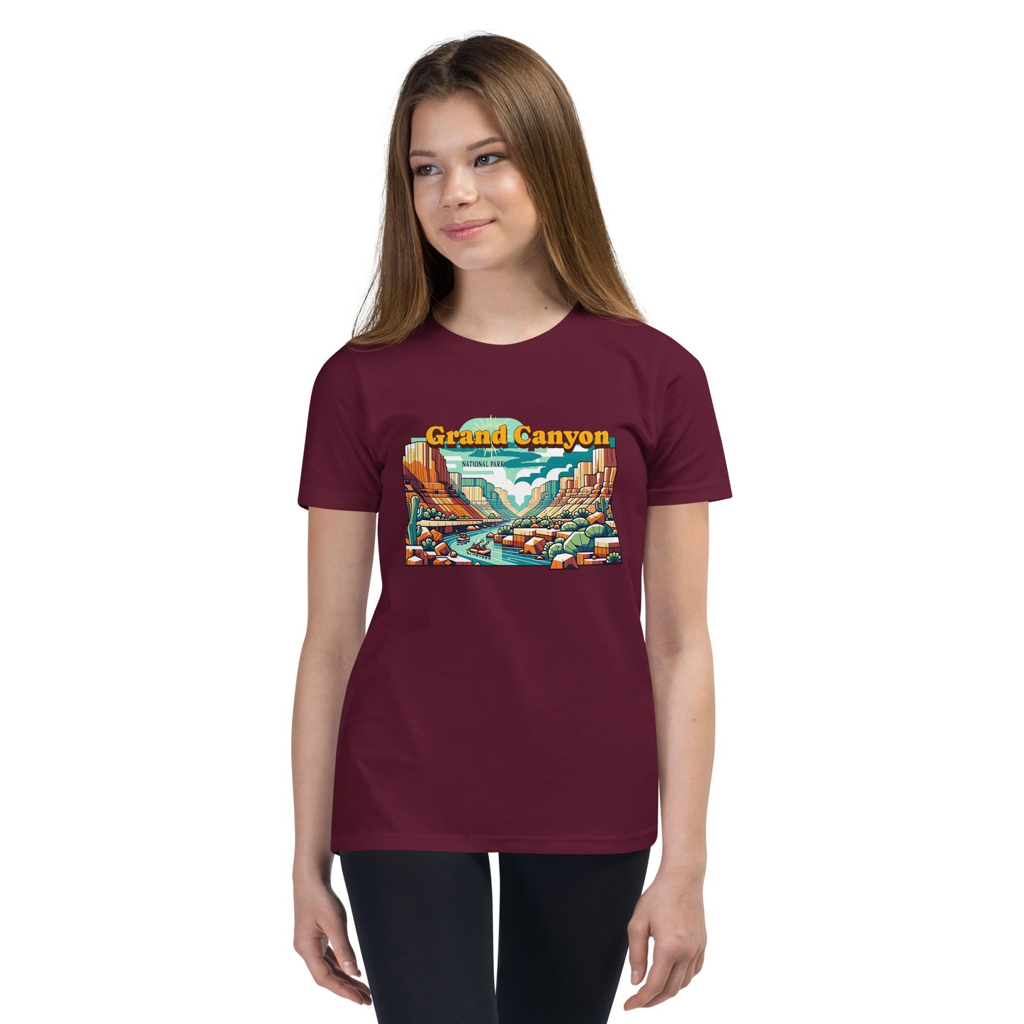 Youth Short Sleeve T-Shirt - Grand Canyon Adventure - National Parks, maroon, front girl