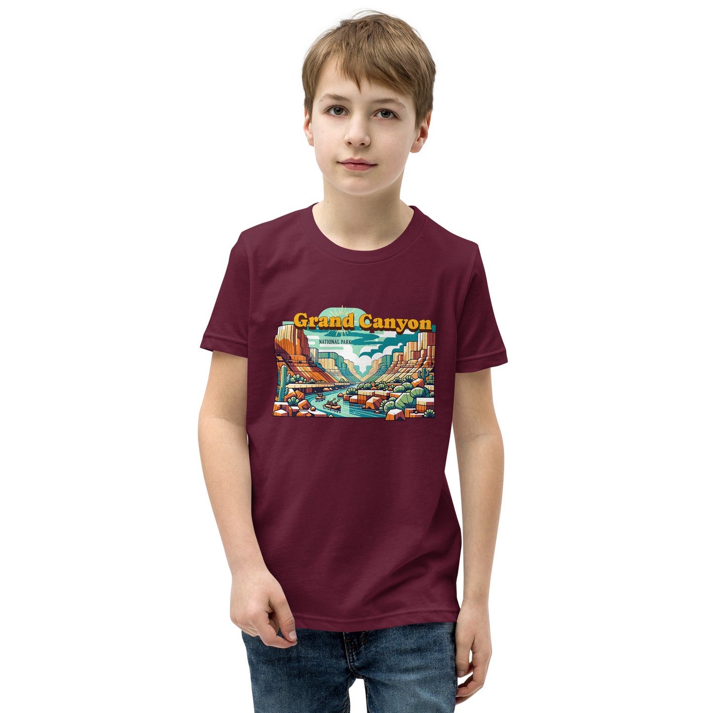Youth Short Sleeve T-Shirt - Grand Canyon Adventure - National Parks, maroon, front boy