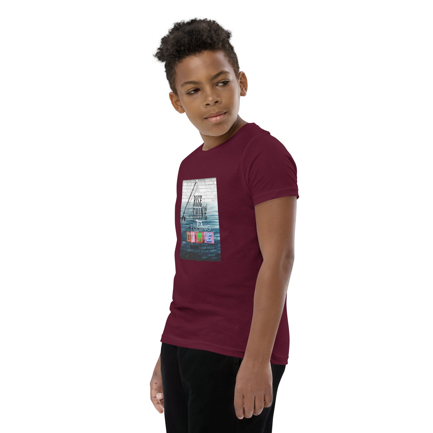 Youth Short Sleeve Unisex T-Shirt - It's Fishing Time - Fun Outdoor Adventures Apparel, Maroon, front right side