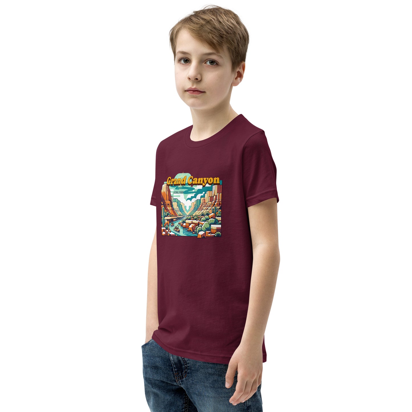 Youth Short Sleeve T-Shirt - Grand Canyon Adventure - National Parks, maroon, front right boy