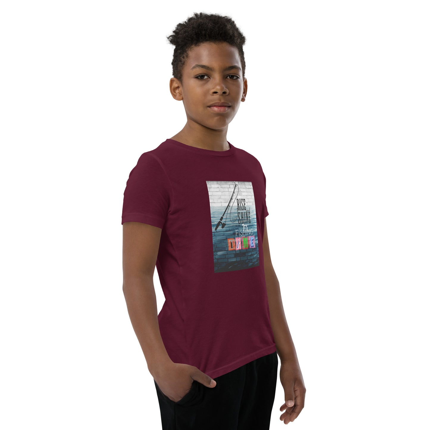 Youth Short Sleeve Unisex T-Shirt - It's Fishing Time - Fun Outdoor Adventures Apparel, Maroon, front left side