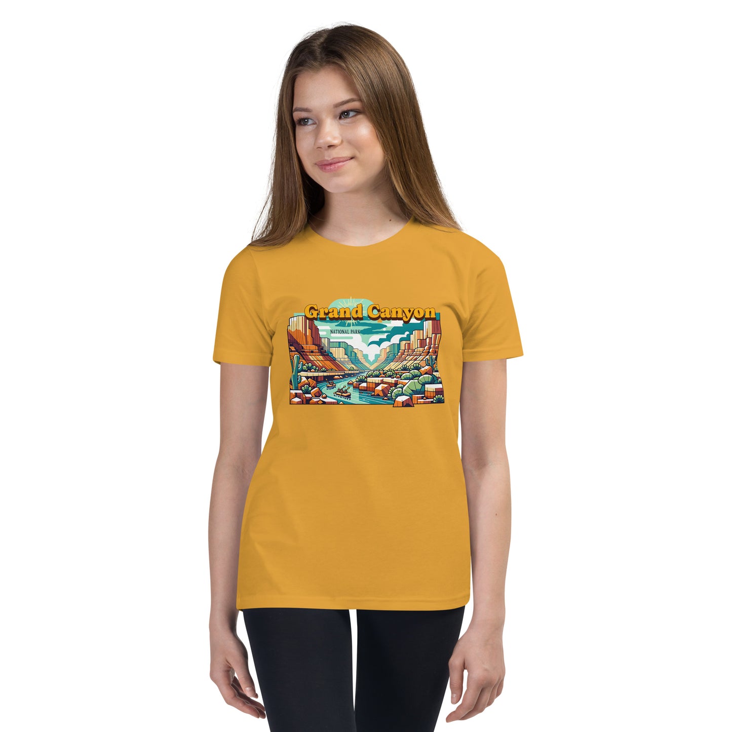Youth Short Sleeve T-Shirt - Grand Canyon Adventure - National Parks, yellow, front girl