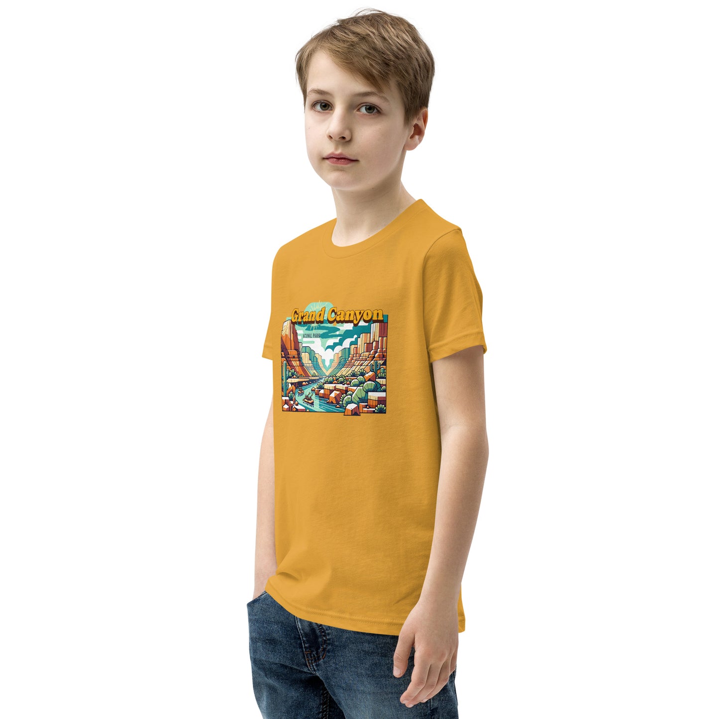 Youth Short Sleeve T-Shirt - Grand Canyon Adventure - National Parks, yellow, front right boy
