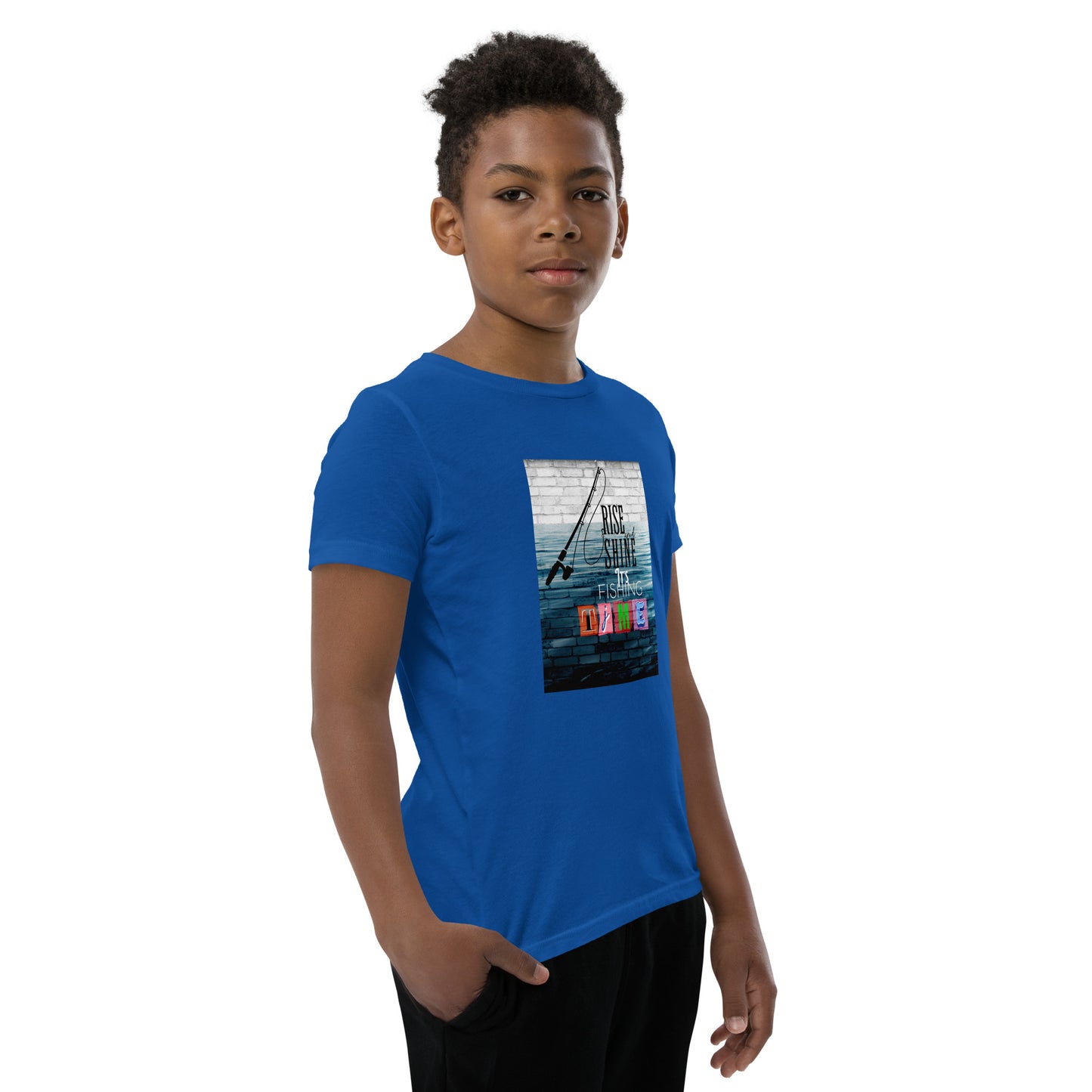 Youth Short Sleeve Unisex T-Shirt - It's Fishing Time - Fun Outdoor Adventures Apparel, True Royal, front left side